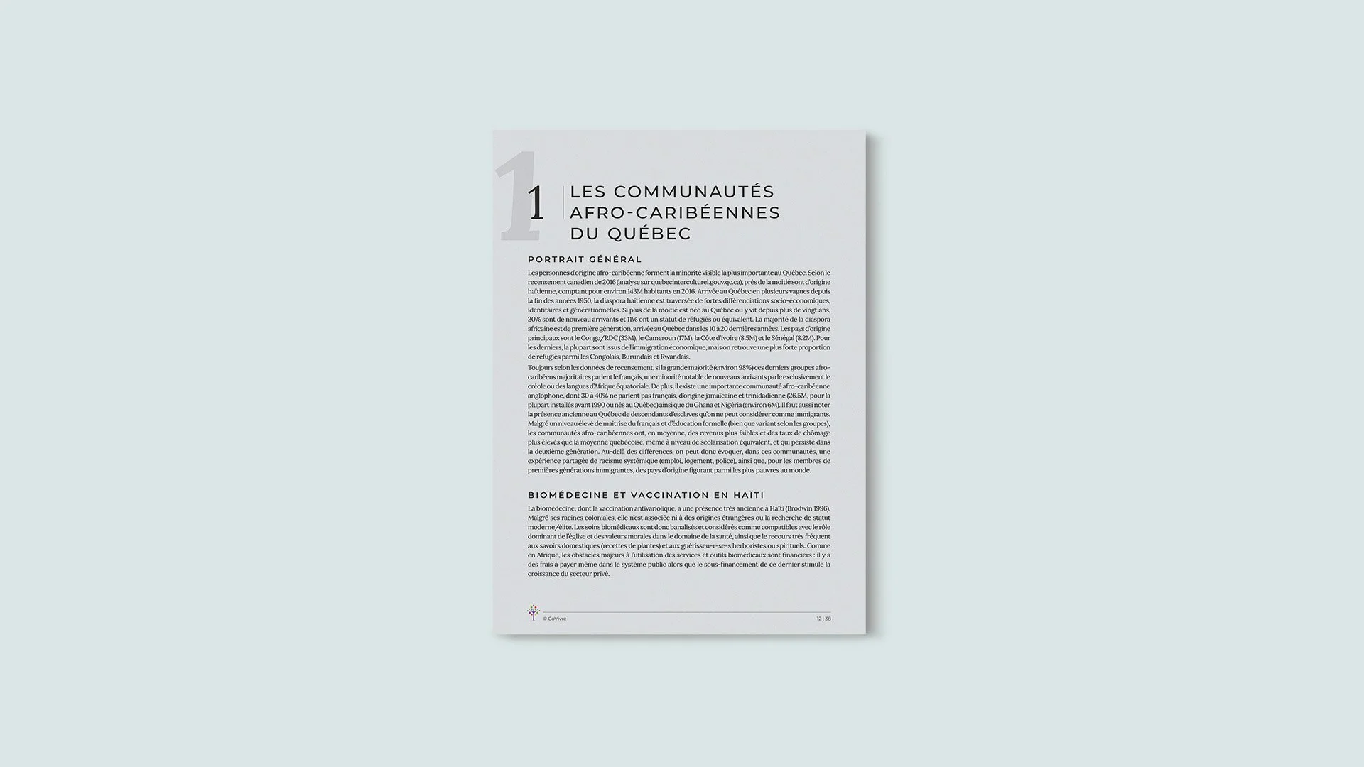 Page d'un document sur l'histoire et la démographie des communautés afro-caribéennes du Québec, avec un titre en haut à gauche et un logo en bas à gauche.