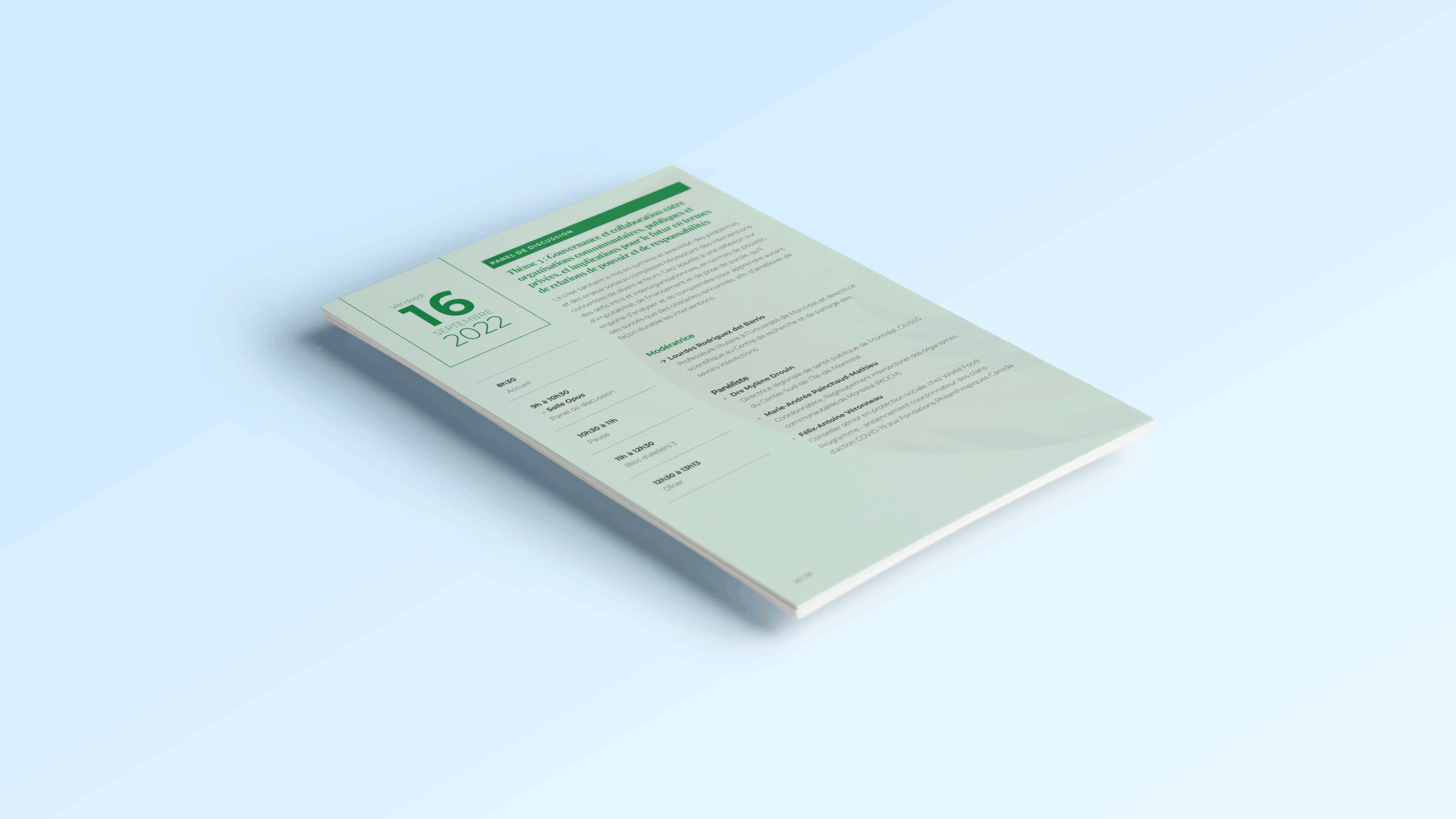 Programme ou agenda avec la date 16 septembre 2022, contenant du texte en français, avec une section en vert et d'autres en noir, affiché en diagonale sur un fond bleu clair.