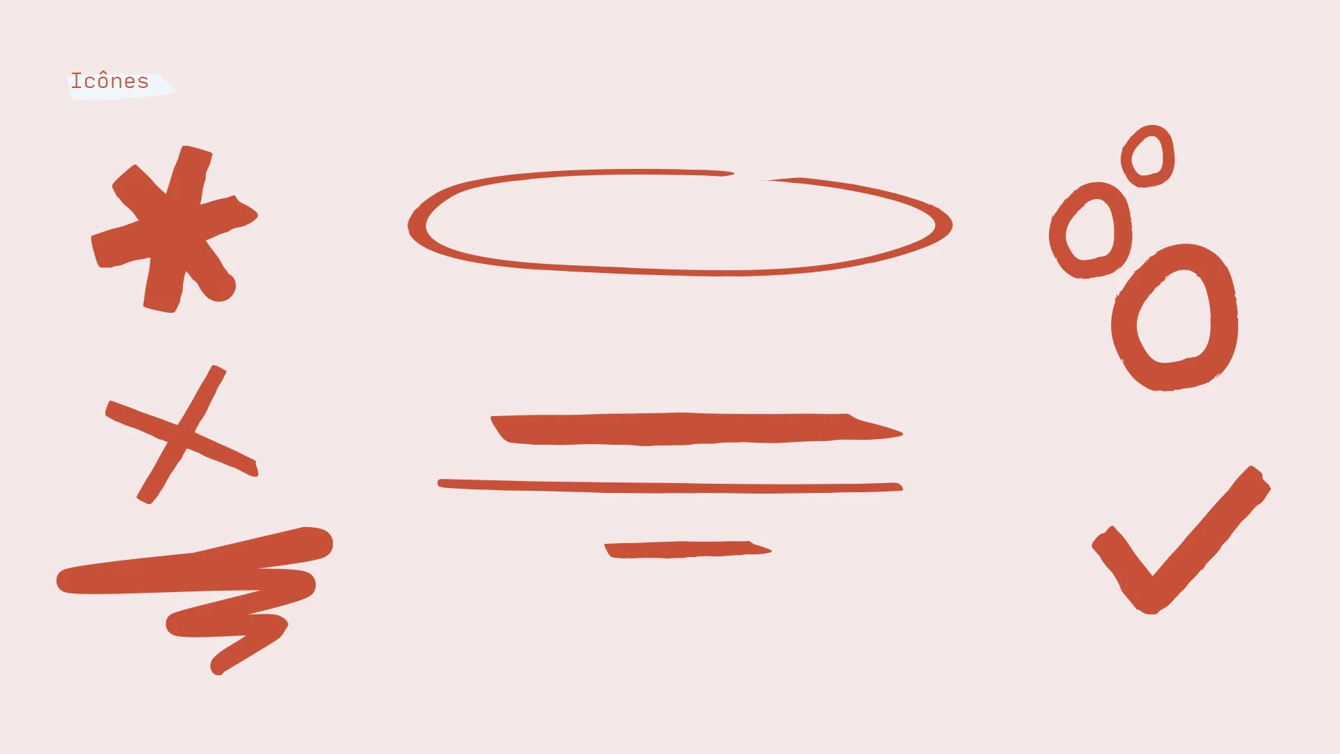 Illustration minimaliste de diverses formes et symboles dans une couleur ocre sur fond rose pâle, incluant des étoiles, des lignes, des cercles, et une étiquette avec le mot 'Icônes' en haut à gauche.