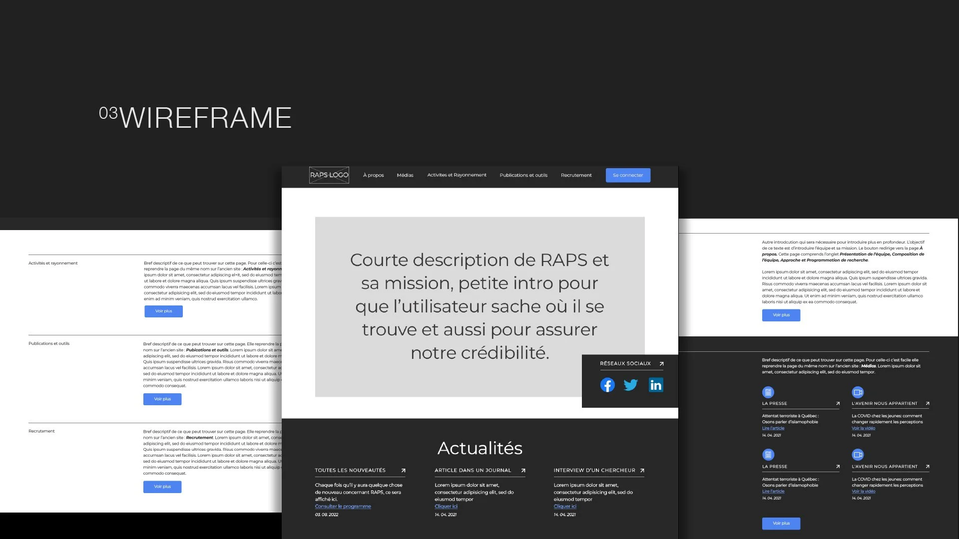 Maquette de site web avec un cadre gris au centre contenant un texte expliquant la mission de RAPS, ainsi que des icônes de médias sociaux en bas.