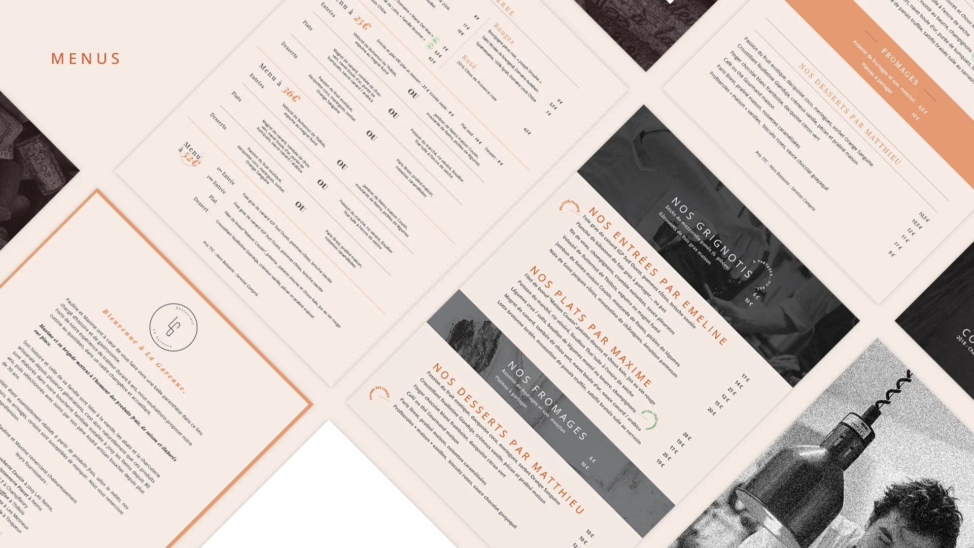 Collection de menus et de descriptions de plats, boissons et desserts dans un restaurant.