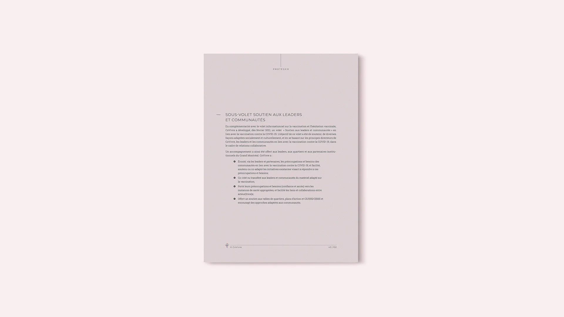 Une page de document en français avec un titre et plusieurs paragraphes, en regard d'un fond rose clair.