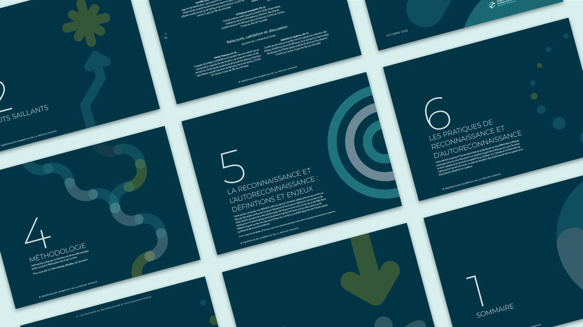 Pages d'un document de présentation avec des titres en français et des illustrations abstraites, notamment une spirale concentrique et des flèches, sur un fond bleu foncé.