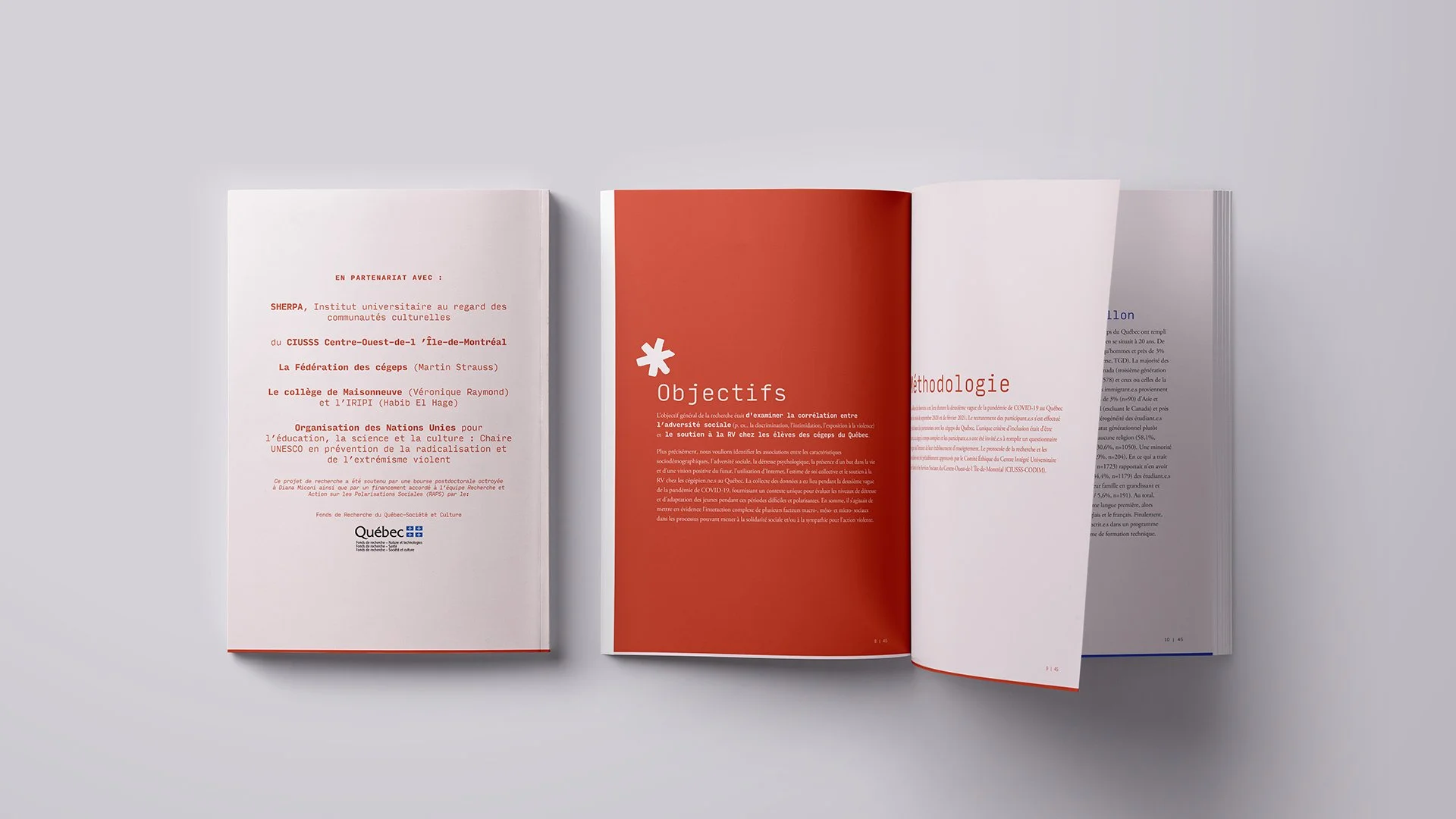 Pages ouvertes d'un livre avec une page rouge intitulée "Objectifs" en français, à côté d'une page blanche avec du texte en français.