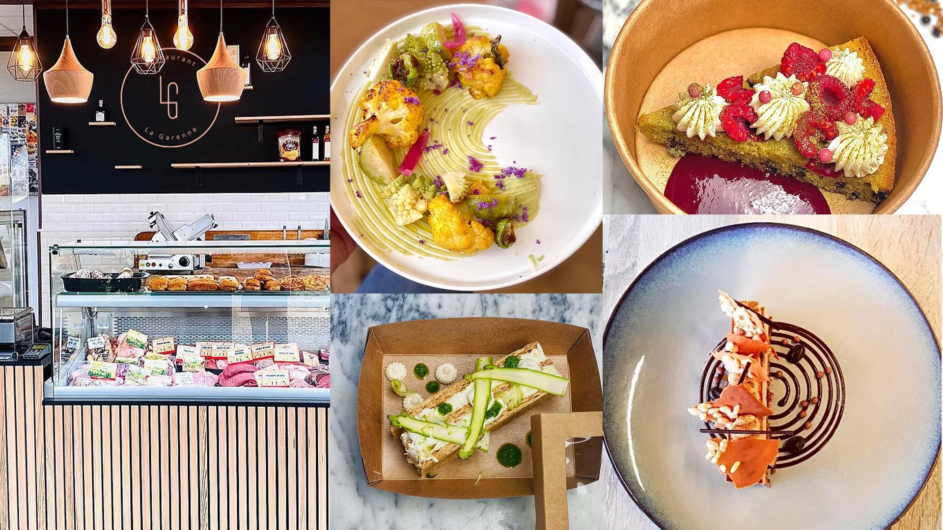 Une sandwicherie avec un étalage de pâtisseries et sandwichs, un bol avec des légumes rôtis, un dessert avec des fruits rouges, une tarte avec décoration, et un autre dessert avec décoration chocolatée.