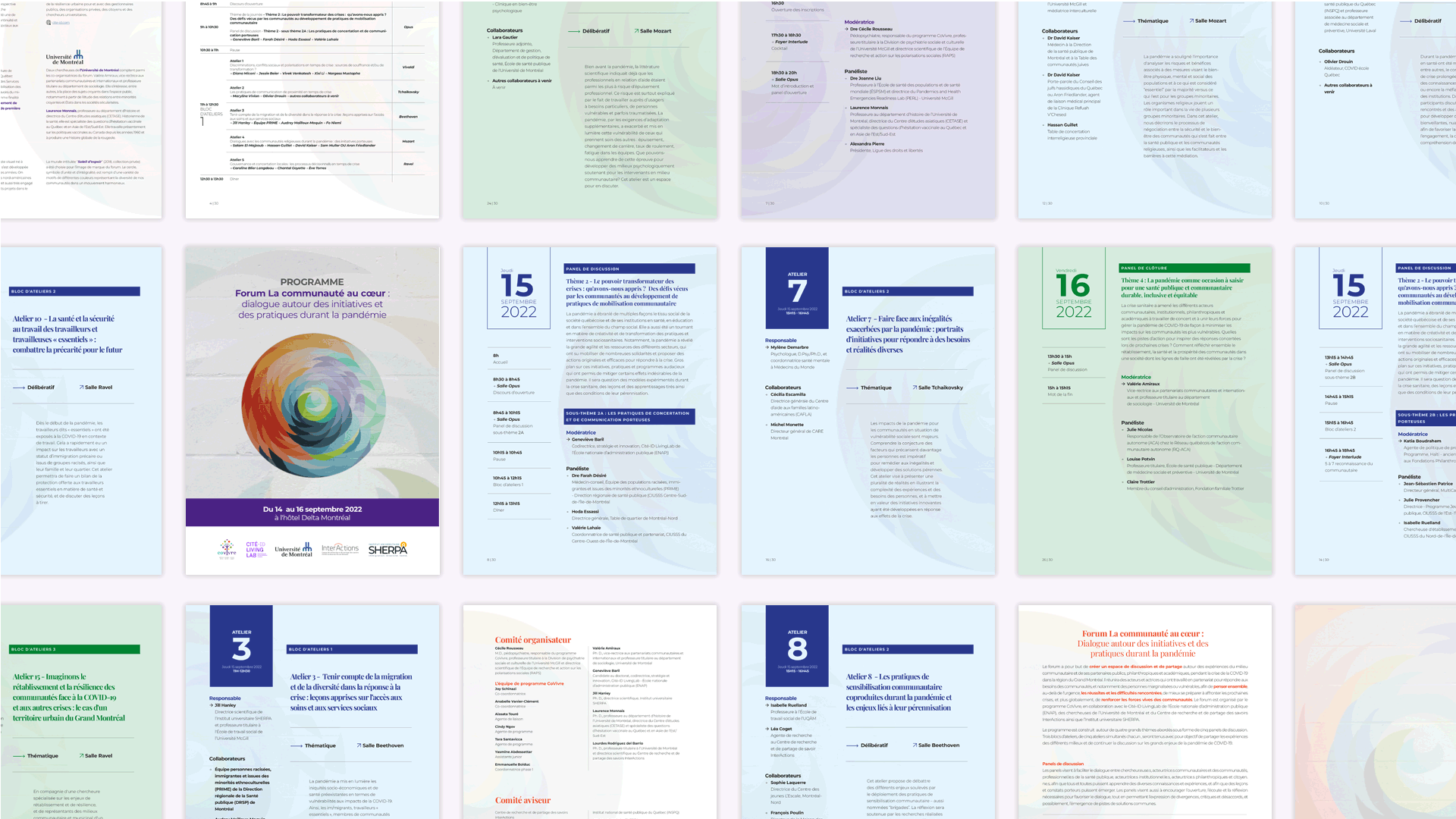 Programme de conférences et ateliers sur la pandémie de COVID-19 à Montréal, du 14 au 16 septembre 2022, comprenant des sessions sur le confinement, la sécurité au travail, l'impact social, et des initiatives communautaires. inclus avec logos des partenaires comme Sherpa, Université de Montréal.