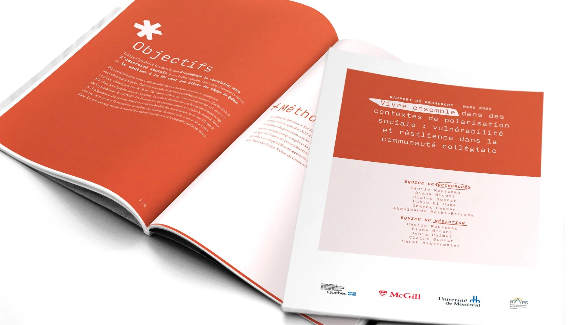 Page de couverture d'un rapport de recherche intitulé "Vivre ensemble dans des contextes de polarisation sociale : vulnérabilité et résilience dans la communauté collégiale", avec logos des institutions partenaires en bas.