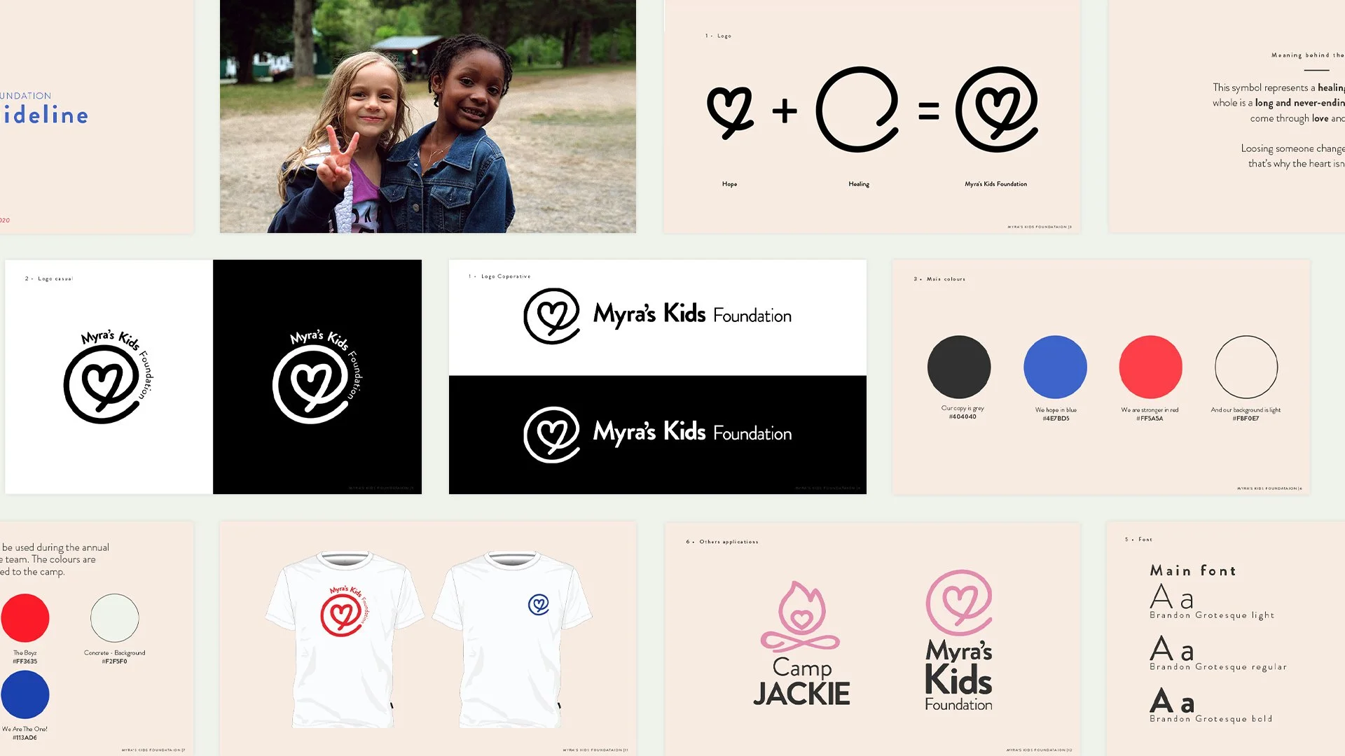 Une collection de logos, d'exemples de couleurs, de t-shirts avec logo, et une photo de deux enfants. La conception du logo comprend un cœur et une forme circulaire, avec le texte "Myra's Kids Foundation". Le logo est présenté en noir et blanc, en couleur rouge et bleu, et avec différentes polices de caractères.