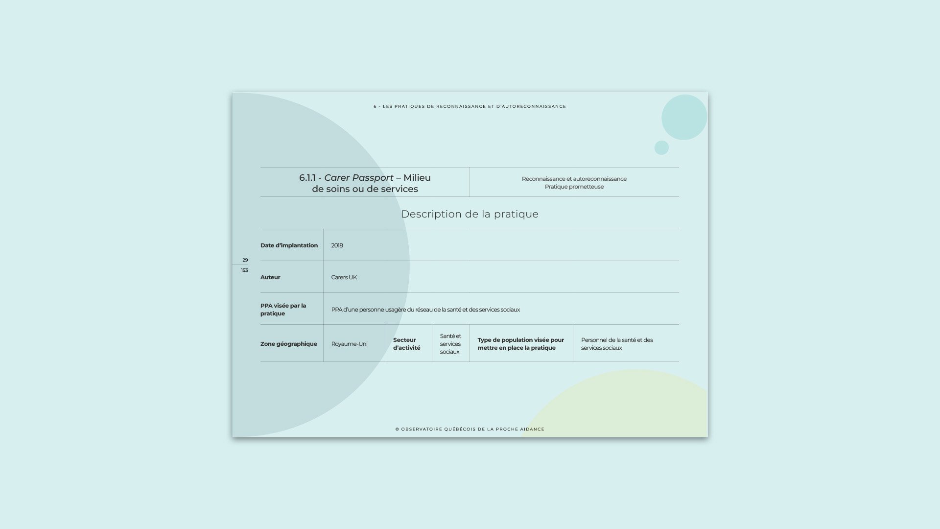 Page d'un document avec un fond bleu clair, contenant un tableau avec plusieurs lignes et colonnes, décrivant une pratique de reconnaissance et d'autodétermination dans le secteur de la santé au Royaume-Uni.