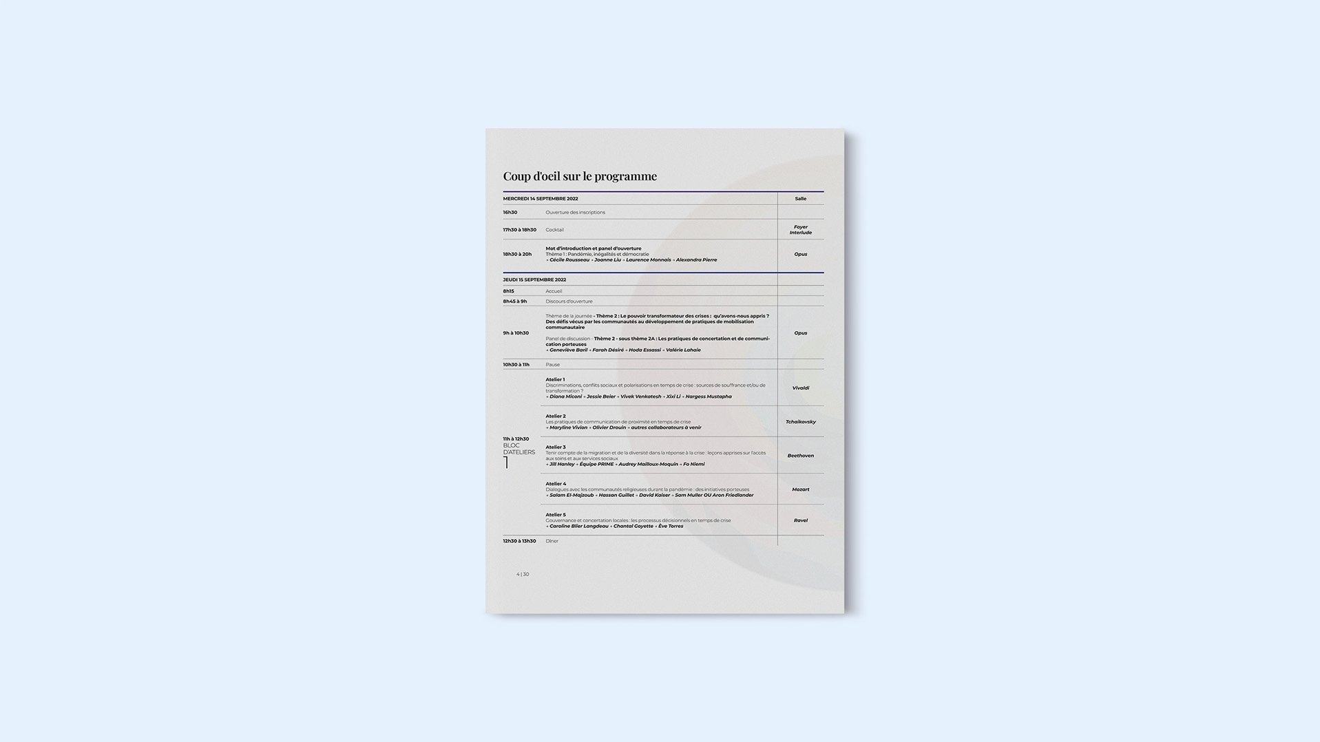 Programme d'événements pour une journée, avec horaires, titres, descriptions et noms des intervenants, organisé en colonnes.