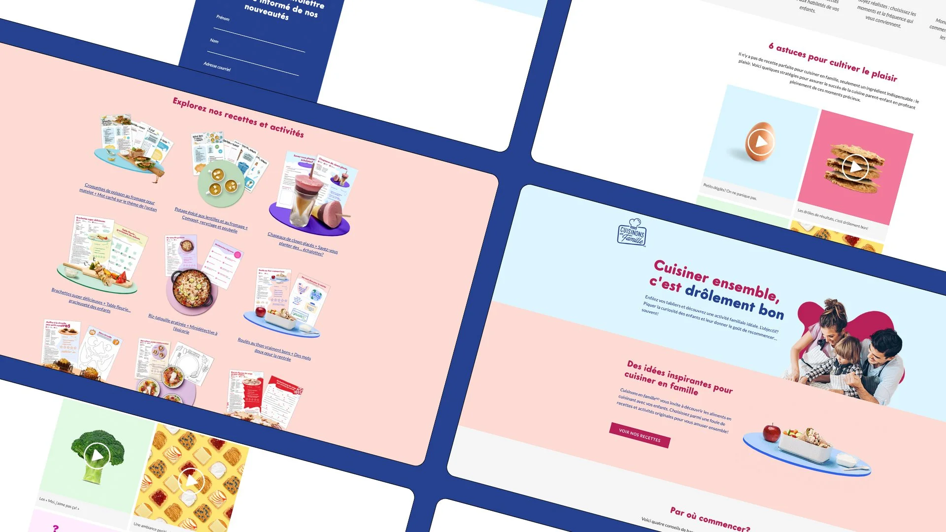 Capture d'écran montrant plusieurs pages d'un site web de cuisine en famille, avec des sections dédiées aux recettes, activités, conseils pour cuisiner ensemble, et une image centrale de trois personnes (une femme, un enfant et un homme) en train de cuisiner ou de regarder quelque chose ensemble.
