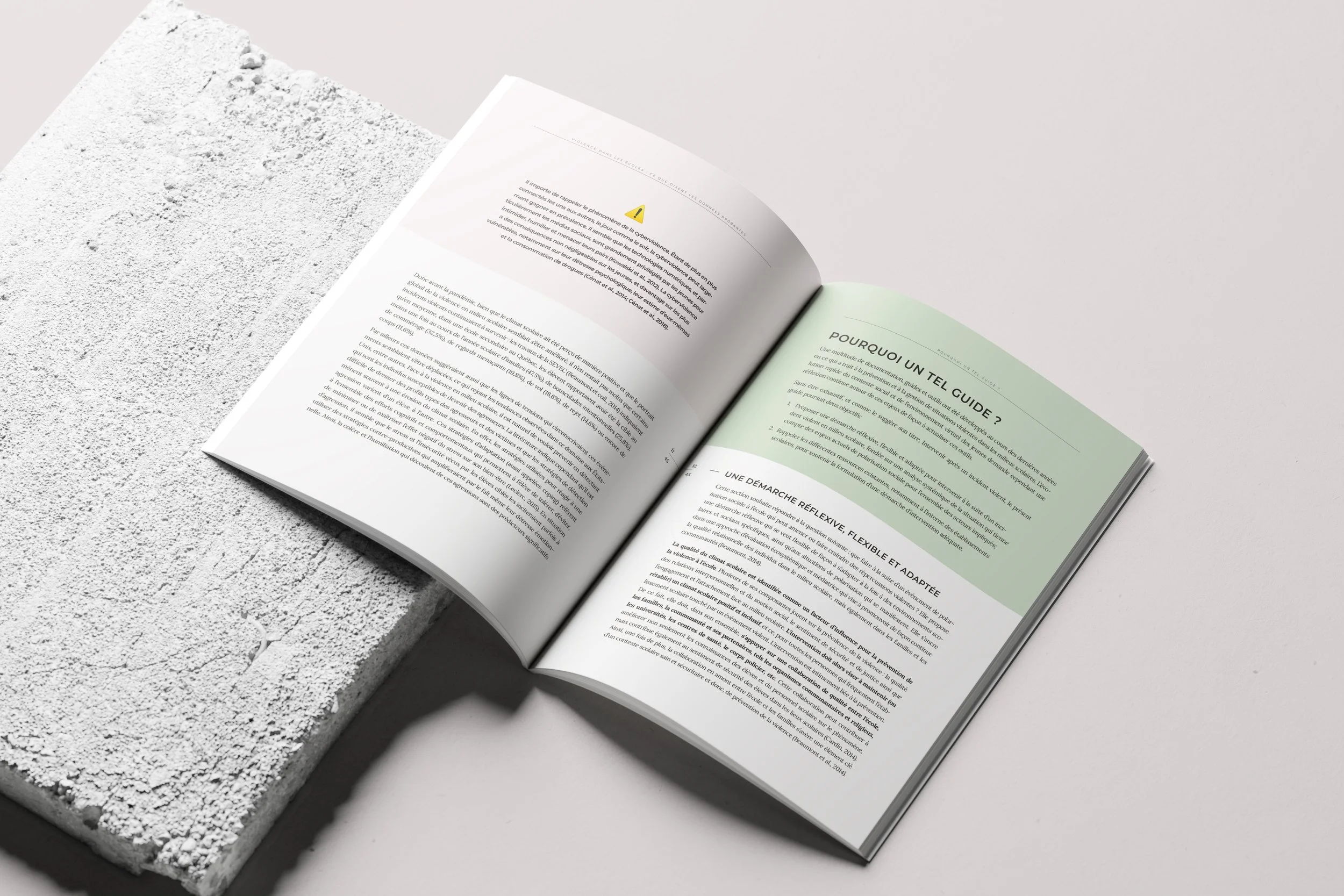 Ouvrage ouvert sur une page de guide ou manuel, avec texte en français et un fond blanc, posé sur une surface en béton blanc avec éclairage naturel.