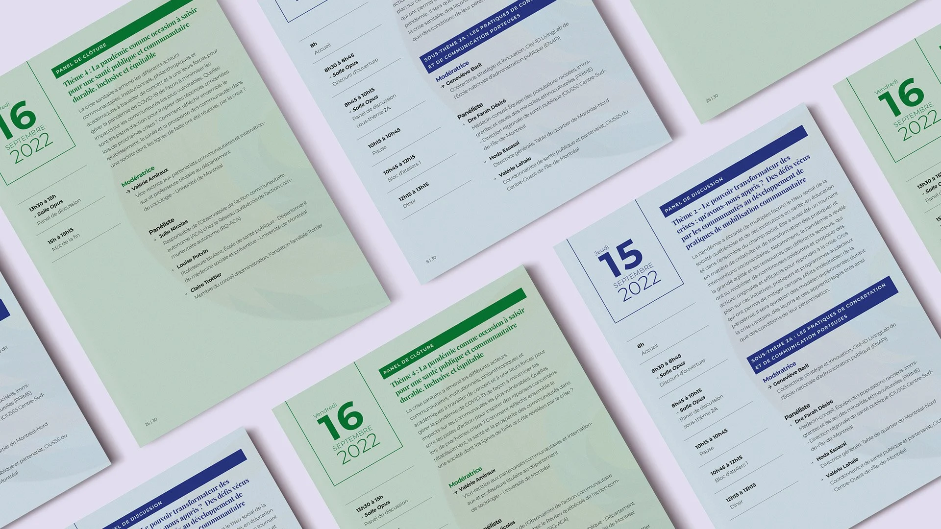 Programmes de conférences avec dates, heures, thèmes et intervenants, affichés en couleurs vert, bleu et blanc, pour des événements en septembre 2022.