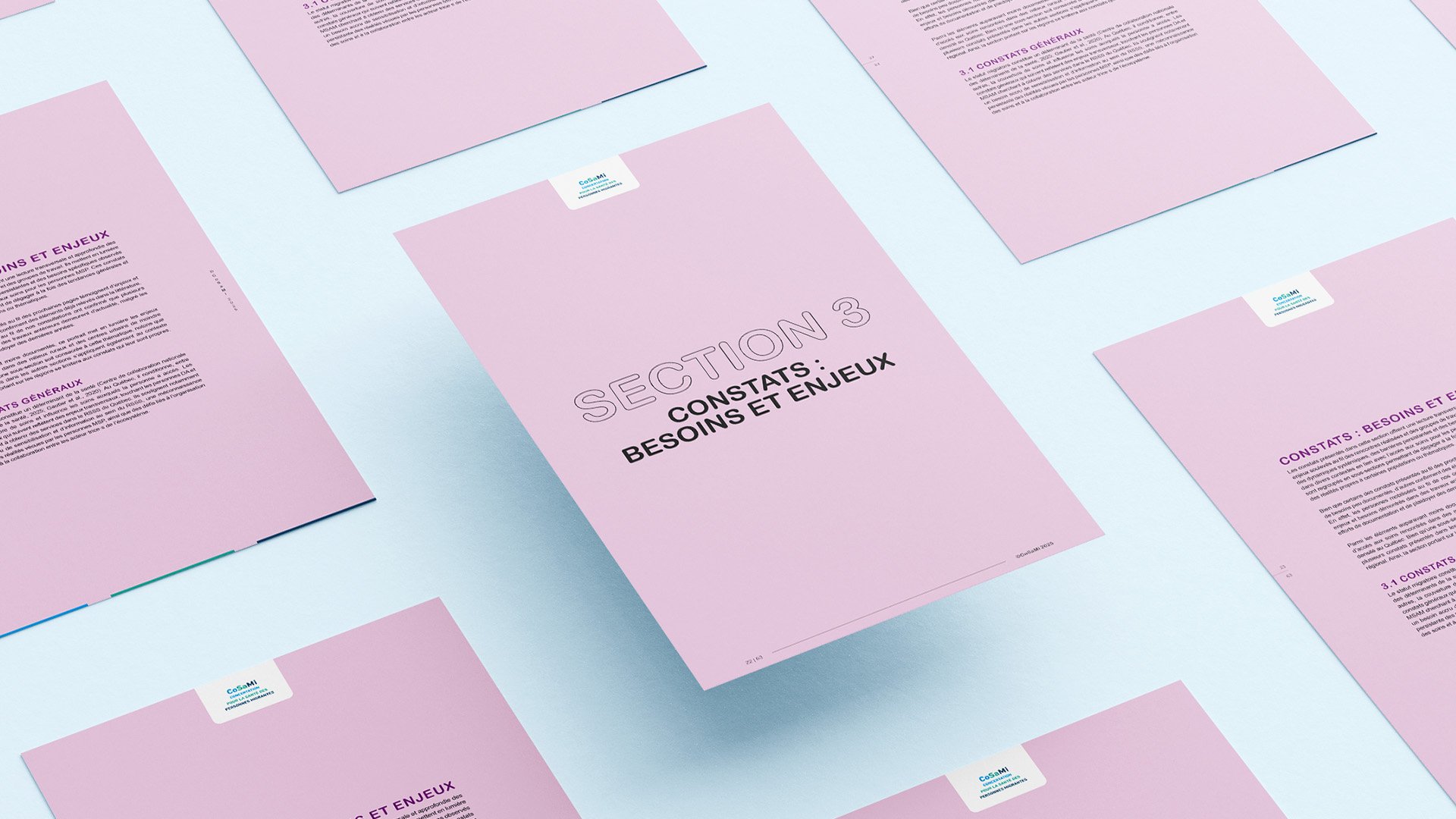 Grille de page de section, dont une flotte. Les pages sont rose pale sur un fond bleu pastel.