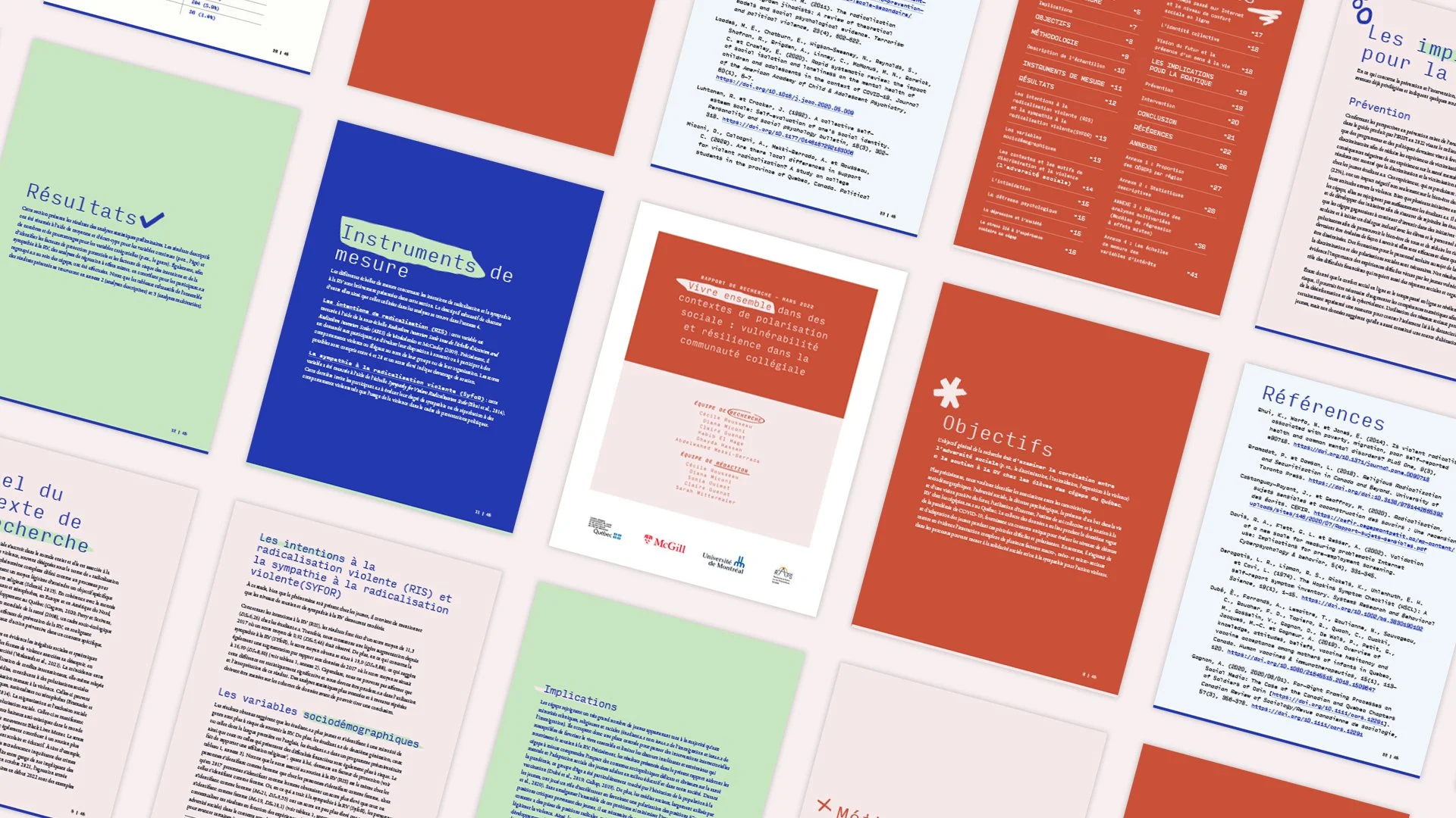 Collection de pages de documents académiques et de recherches en français avec différents arrière-plans colorés, comprenant des titres, textes, références, objectifs, et autres contenus textuels.