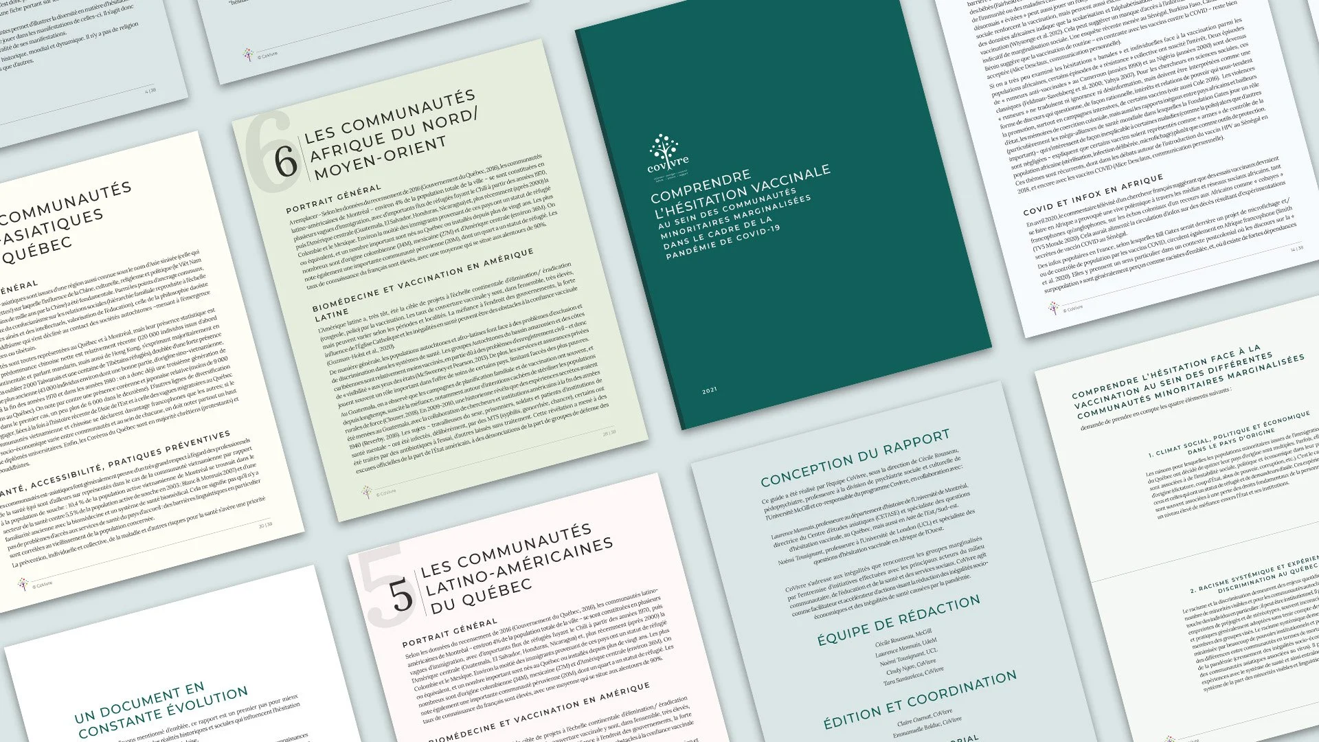 Collection de plusieurs pages de rapports et documents sur la vaccination et les communautés marginalisées, avec un livre vert au centre intitulé 'Comprendre l'hésitation vaccinale'.