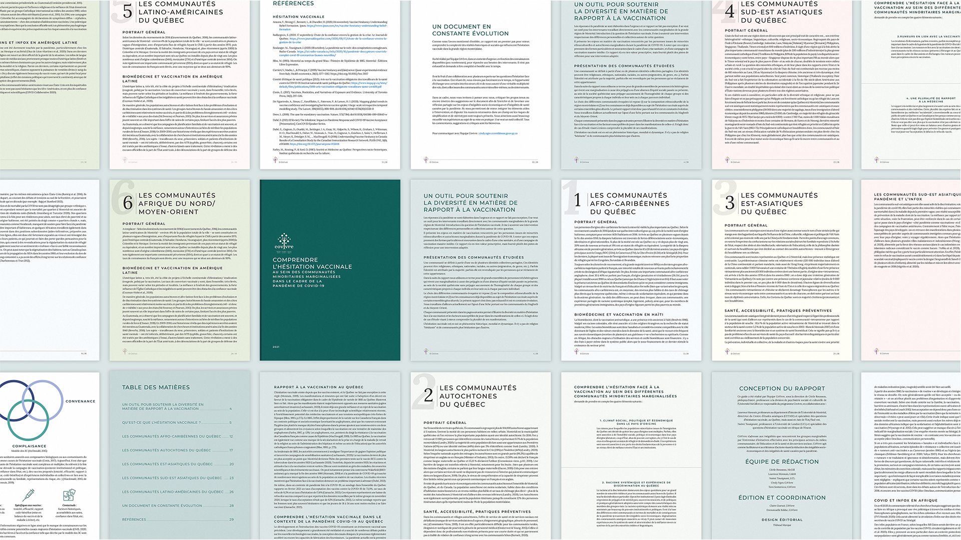 Pages d'un rapport en français sur les communautés linguistiques au Québec, incluant des sections sur les communautés afro-caribéennes, autochtones, Est-asiatiques, Sud-asiatiques, Latino-américaines, et une introduction, un résumé, des références, ainsi que des tableaux de matières et des portraits généraux.