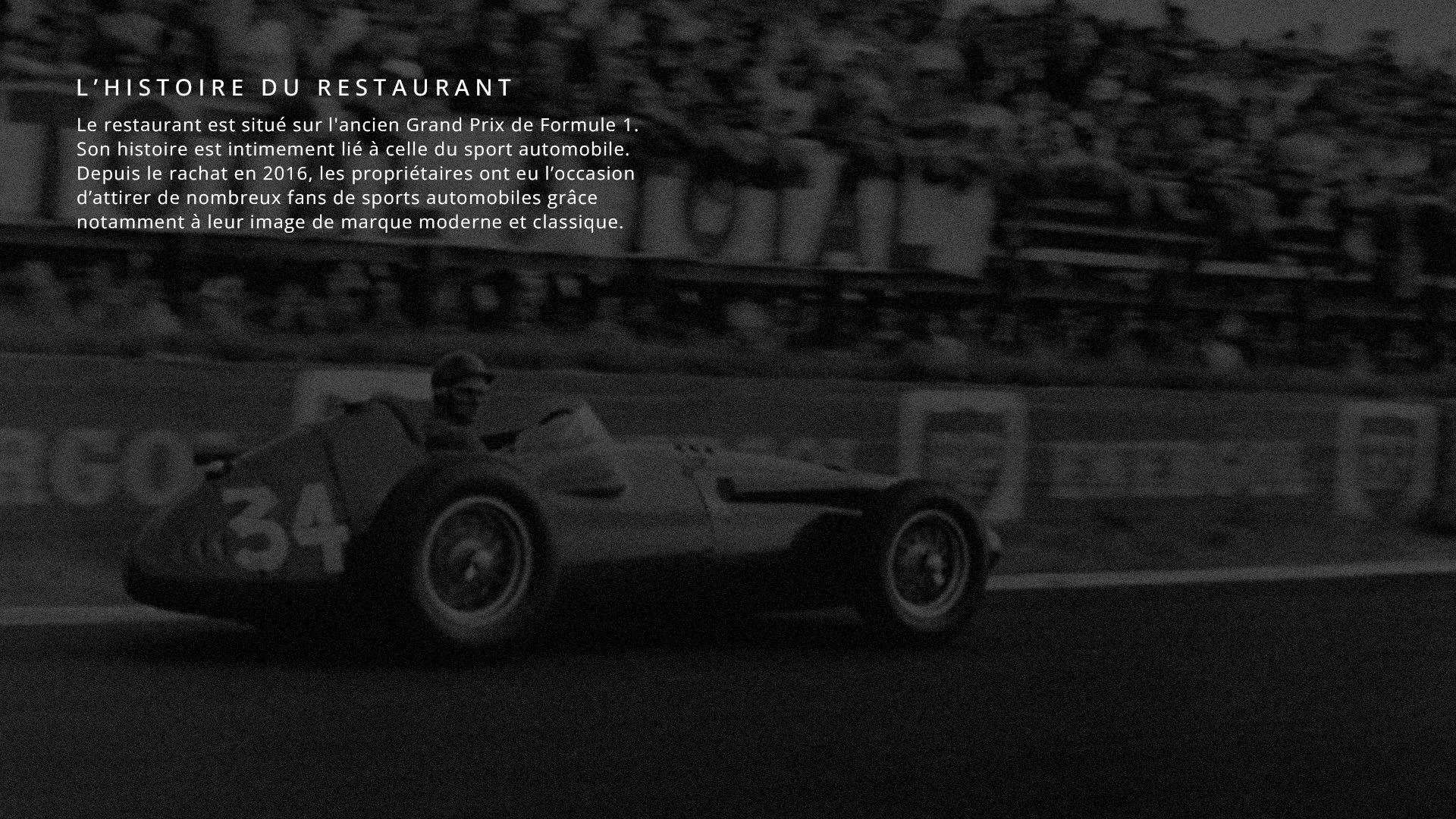 Texte en français sur un fond noir et blanc représentant une voiture de course sur un circuit, avec un message décrivant l'histoire d'un restaurant lié au sport automobile, situé sur l'ancien circuit de Formule 1, acheté en 2016.