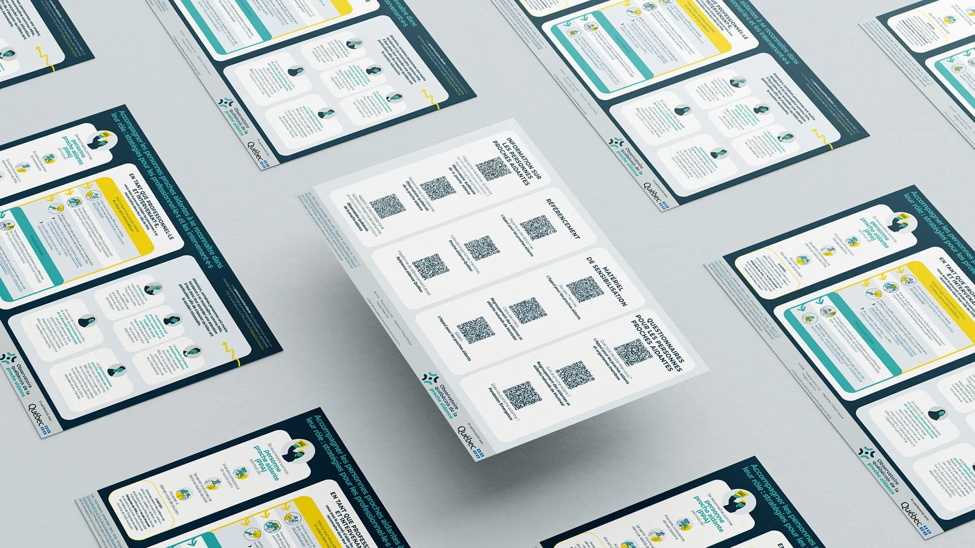 Grille d'infographie avec texte et code QR, placé sur une surface gris claire.