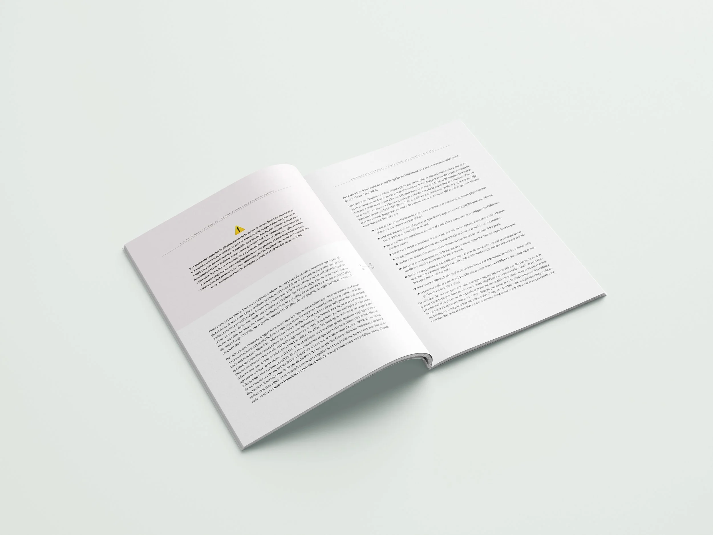 Un manuel ouvert posé sur une surface claire, affichant du texte imprimé et un symbole d'avertissement jaune au centre de la page de gauche.