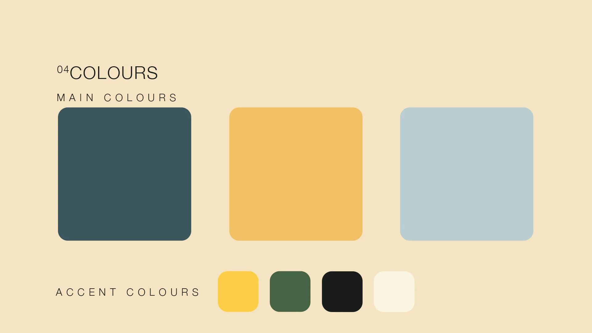 Palette de couleurs avec trois couleurs principales : bleu foncé, jaune moutarde, bleu clair, et quatre couleurs d'accent : jaune, vert foncé, noir, blanc cassé.