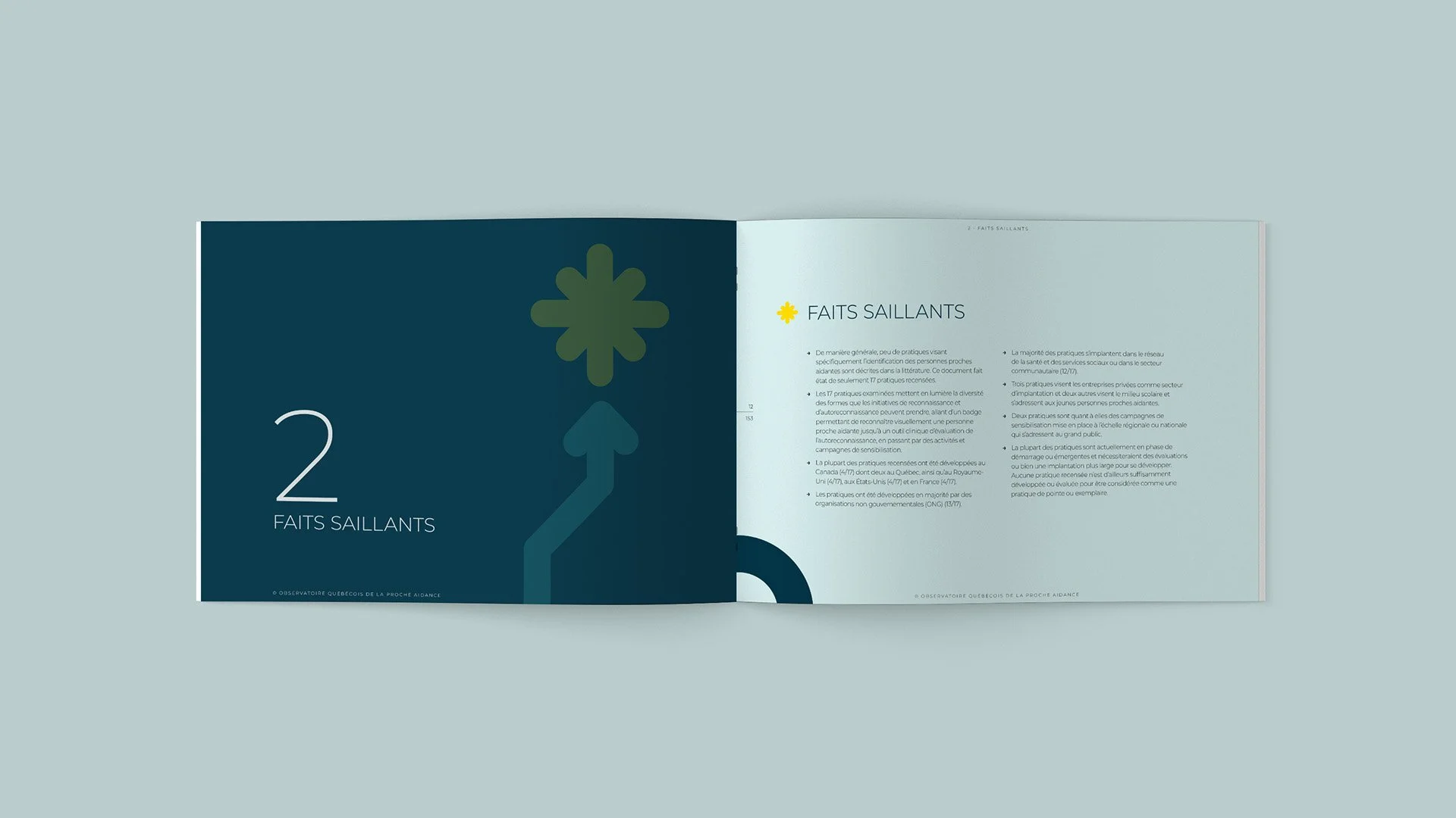 Rapport ouvert avec titre "Faits Saillants" fond bleu avec un graphique fléché vert et un symbole d'étoile verte.