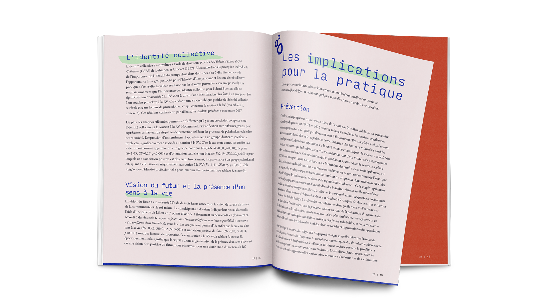 Un livre ouvert montrant des pages avec du texte en français, intitulées 'L'identité collective' et 'Les implications pour la pratique', avec une mise en page colorée.