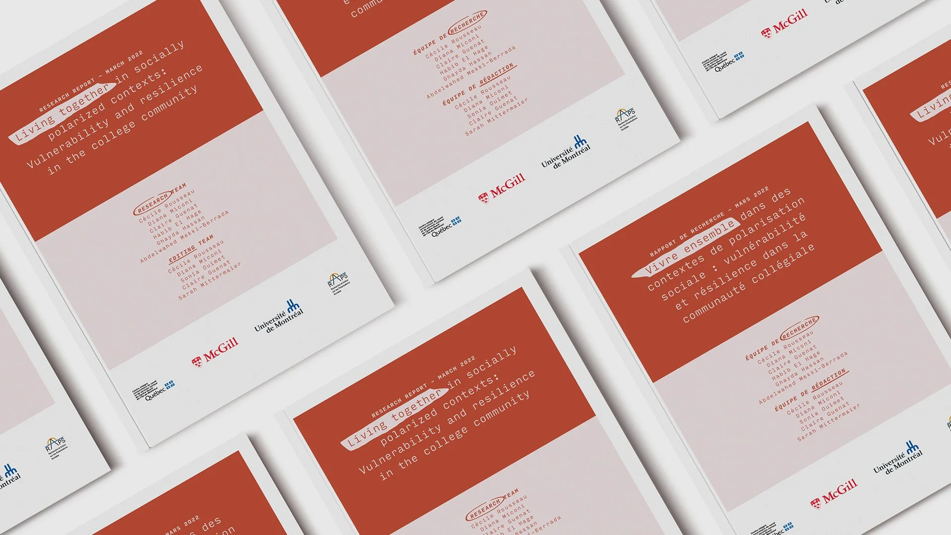 Couvertures de rapports de recherche académique sur le thème de la vulnérabilité dans la communauté collégiale, avec logos de McGill, Université de Montréal et Québéc.