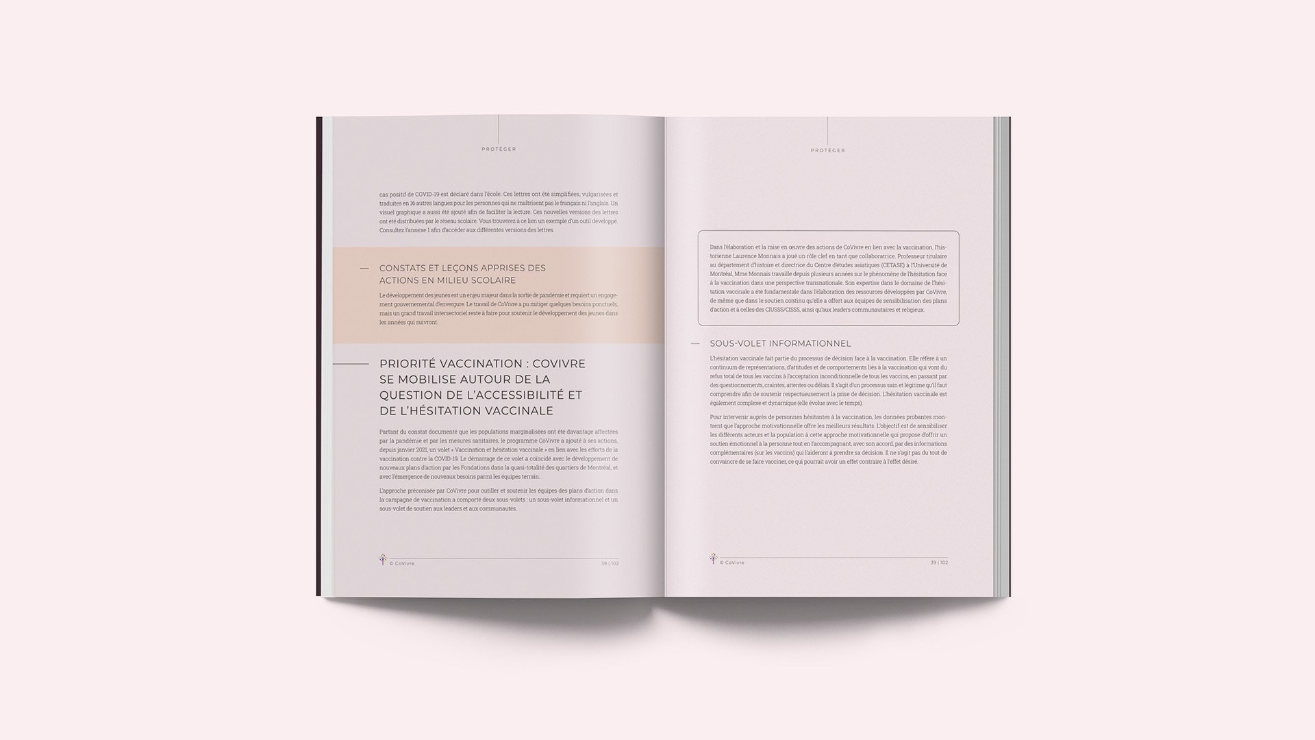 Ouverture d'un livre montrant des pages avec du texte en français, sections intitulées 'Constats et leçons apprises', 'Priorité vaccination : Covivre se mobilise autour de la question de l'accessibilité et de l'hésitation vaccinale', et 'Sous-volet informationnel'.