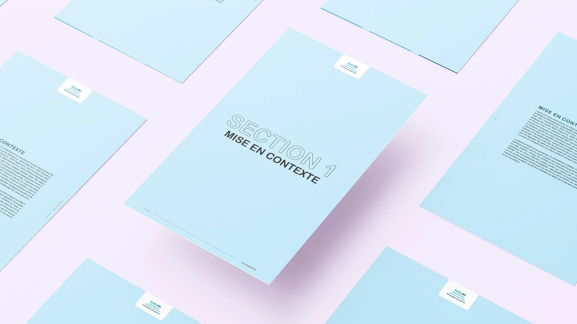 Grille de page de section, dont une flotte. Les pages sont bleus pale sur un fond rose pastel.