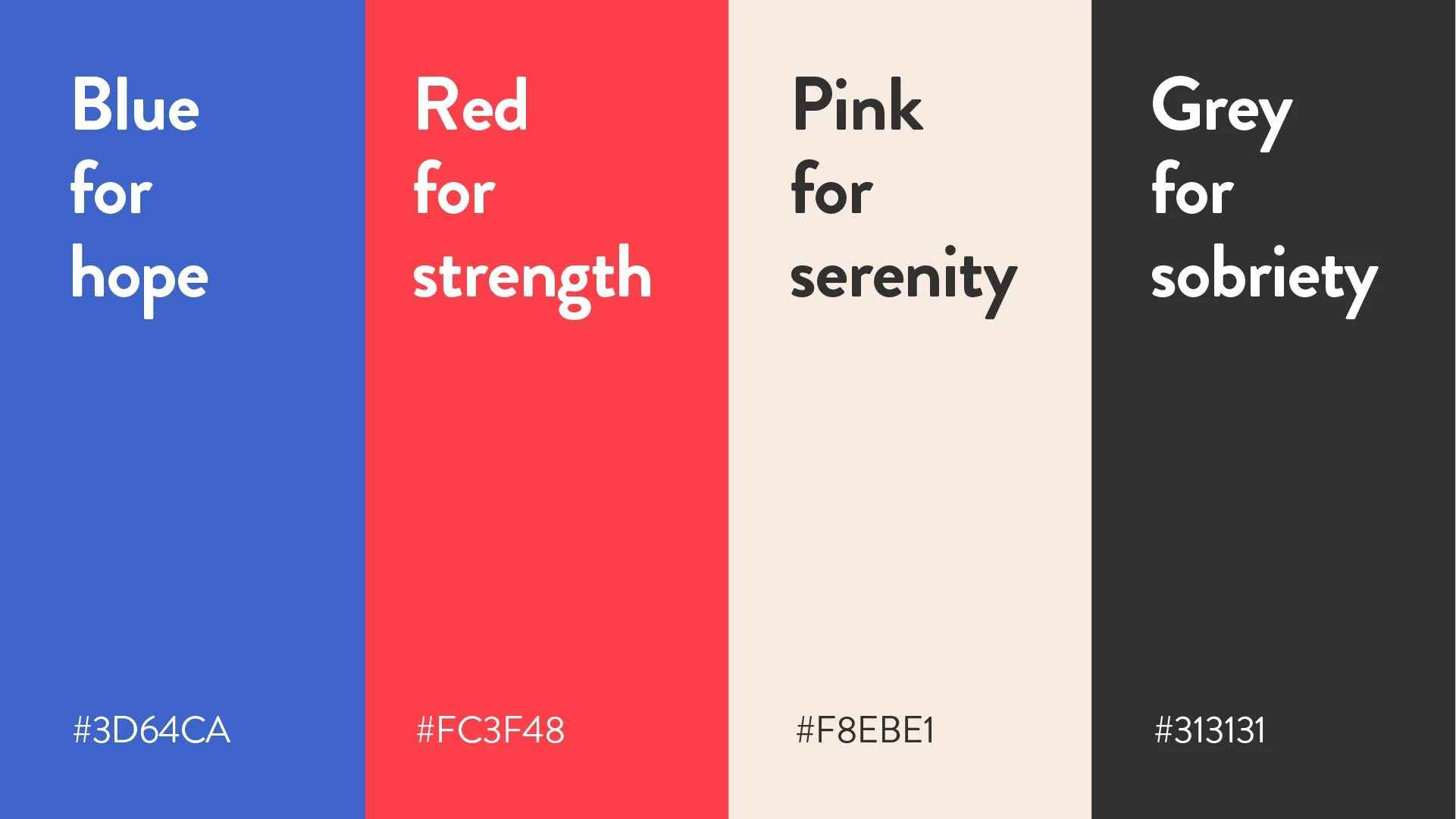 Les quatre colonnes de couleurs différentes et leur signification : bleu pour l'espoir, rouge pour la force, rose pour la sérénité, gris pour la sobriété, avec les codes couleurs correspondants.