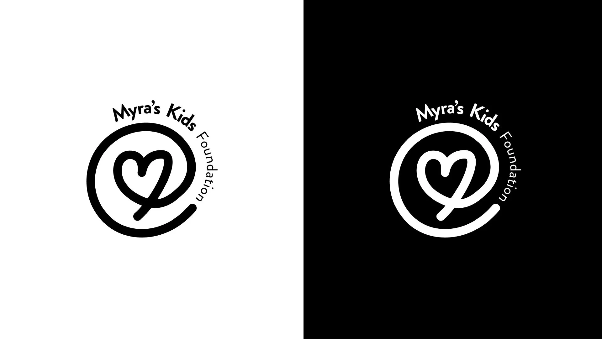 Logo de Myra's Kids Foundation en mode clair et foncé, avec un cercle contenant un cœur stylisé joué en forme de stylo, entouré du texte "Myra's Kids Foundation".