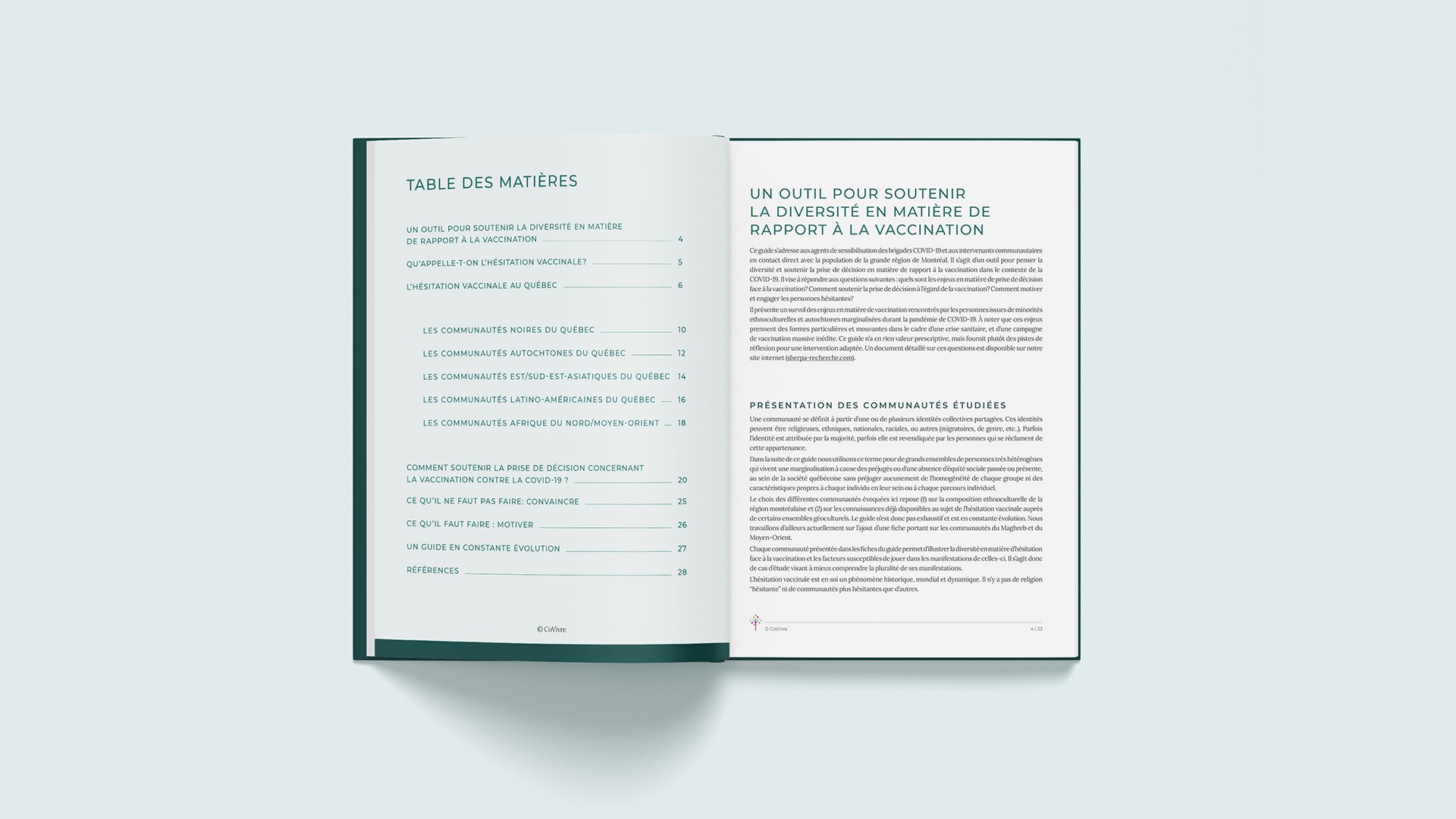 Livre ouvert avec une page de gauche contenant un sommaire en français et une page de droite avec un texte expliquant le soutien à la diversité dans la vaccination COVID-19, notamment pour les communautés étudiées.