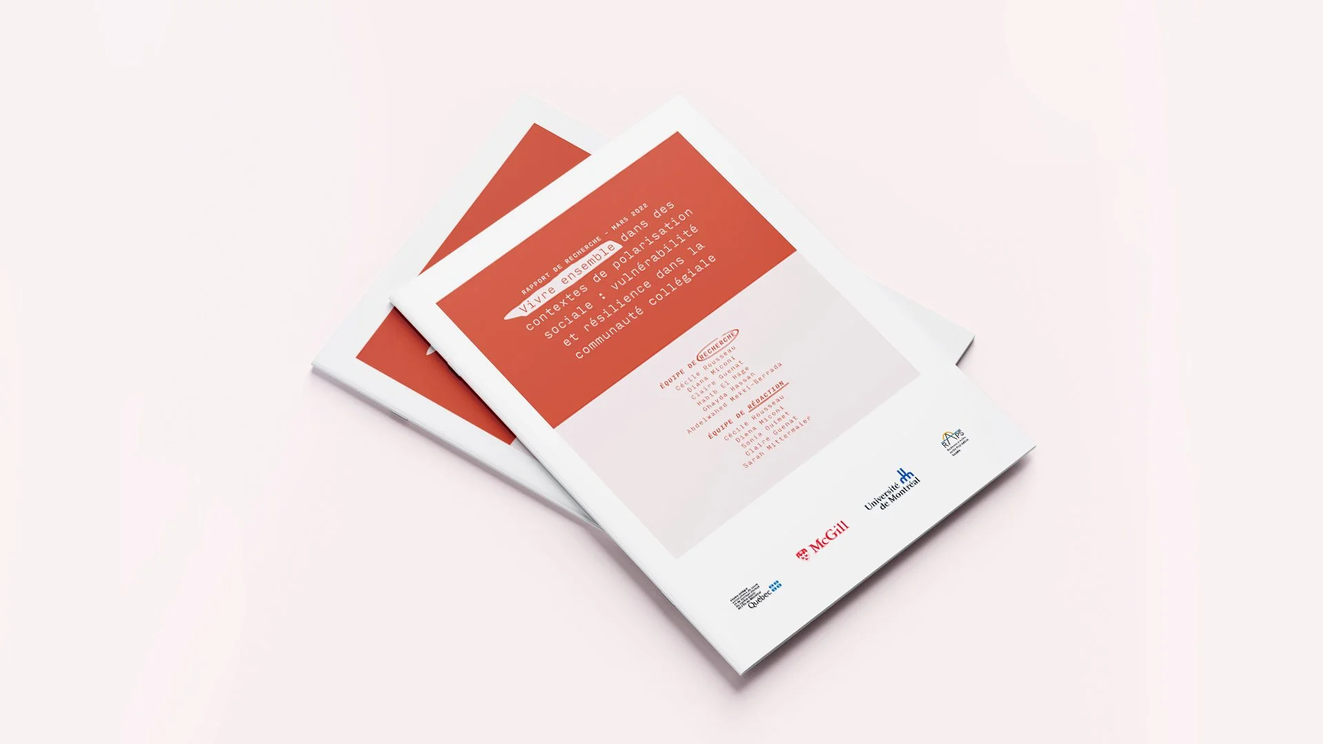 Deux brochures empilées avec une couverture rouge et blanche, sujet de recherche sur le contexte social de polarisation et vulnérabilité chez les adolescents, avec logos de McGill, Université de Montréal, et autres institutions au bas.