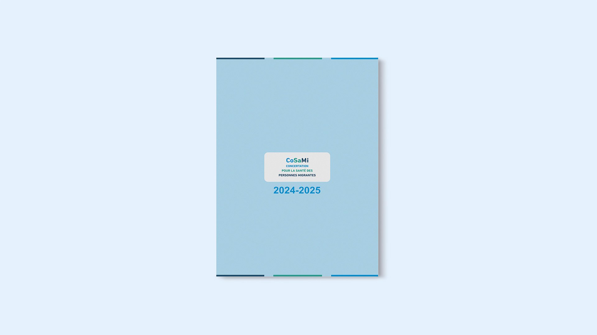 Quatrième de couverture d'un rapport bleu avec le titre "CoSaMi Concertation Pour La Santé Des Personnes Migrantes 2024-2025".
