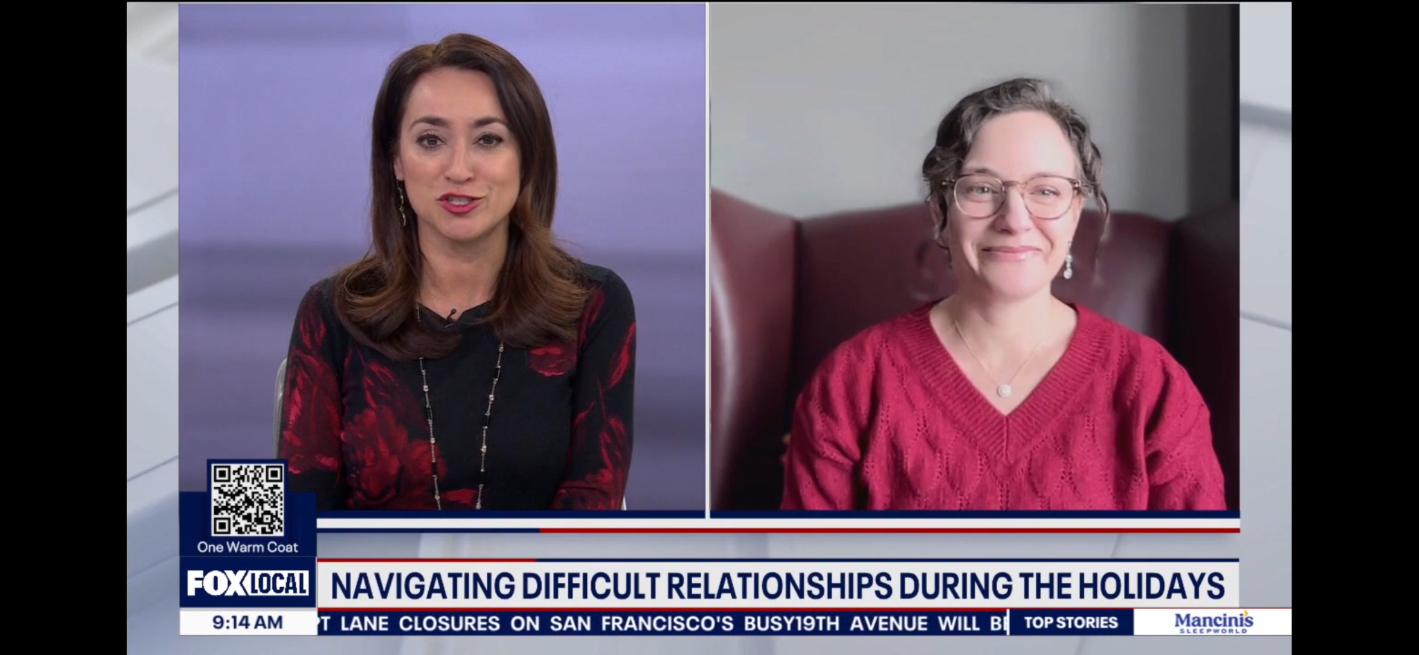A split-screen image showing a woman on the left with brown hair and a black top with red floral patterns, and another woman on the right with short curly hair, glasses, and a red sweater, appearing on a news broadcast discussing relationships during the holidays.