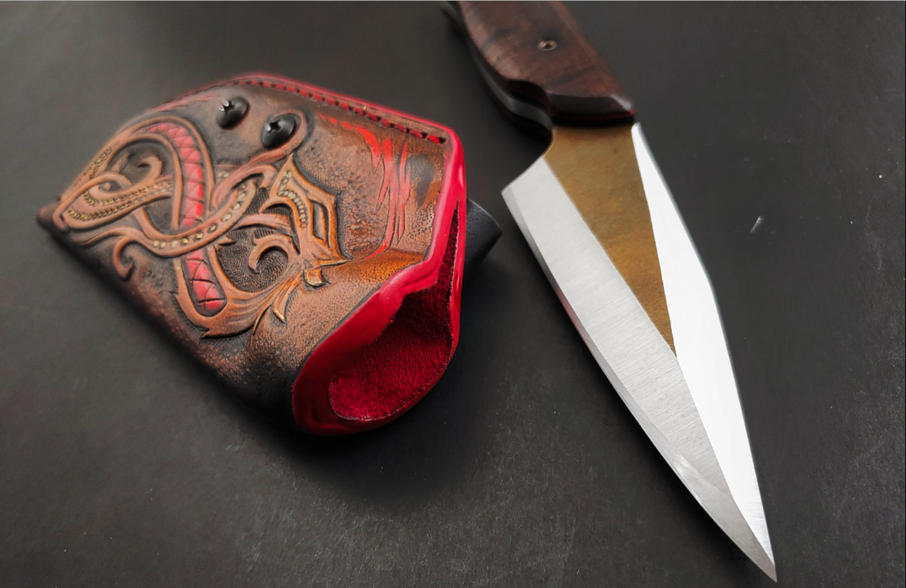 •Ref# EDC006•   4" SM100 Spear Point W/ Koa Wood Handle & Custom Leather Sheath