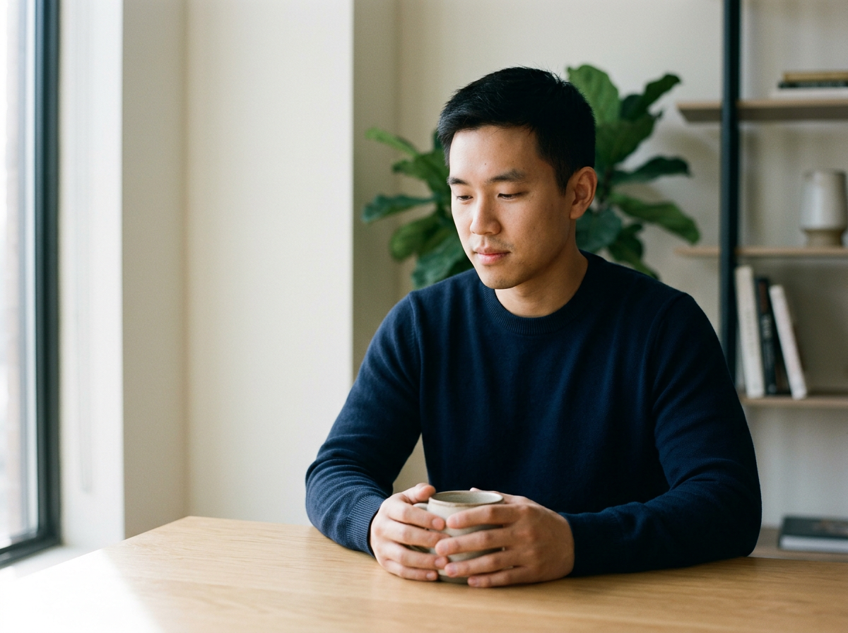 A young man with short black hair sits at a wooden table holding a cup with both hands, looking down contemplatively, in a well-lit room with a bookshelf and a large green plant in the background.