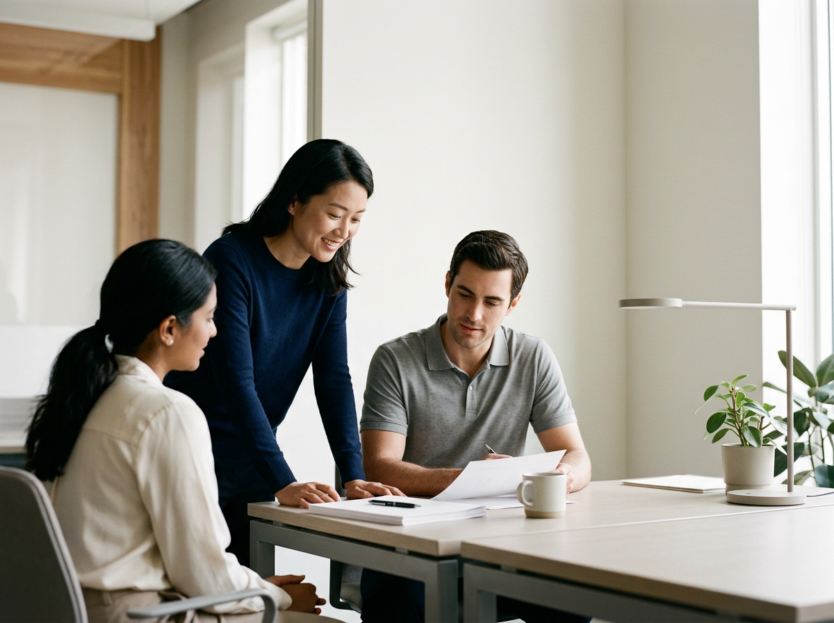 Four colleagues in a modern office having a discussion around a table, with one woman standing and smiling, two women and a man seated, looking at documents.