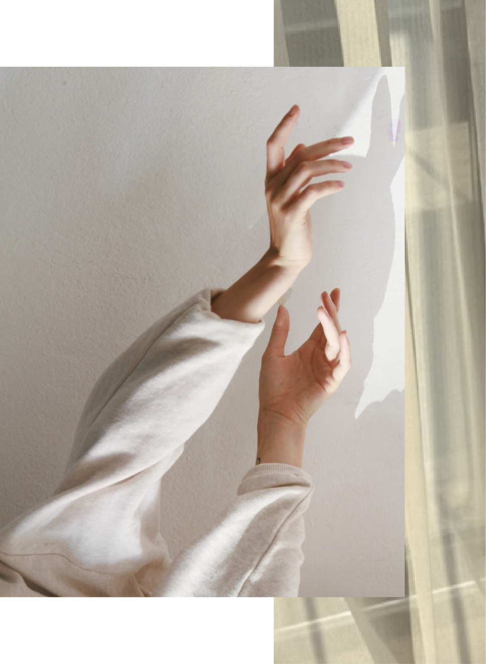 Silhouette of a person with curly hair touching a sheer curtain, creating a soft shadow effect