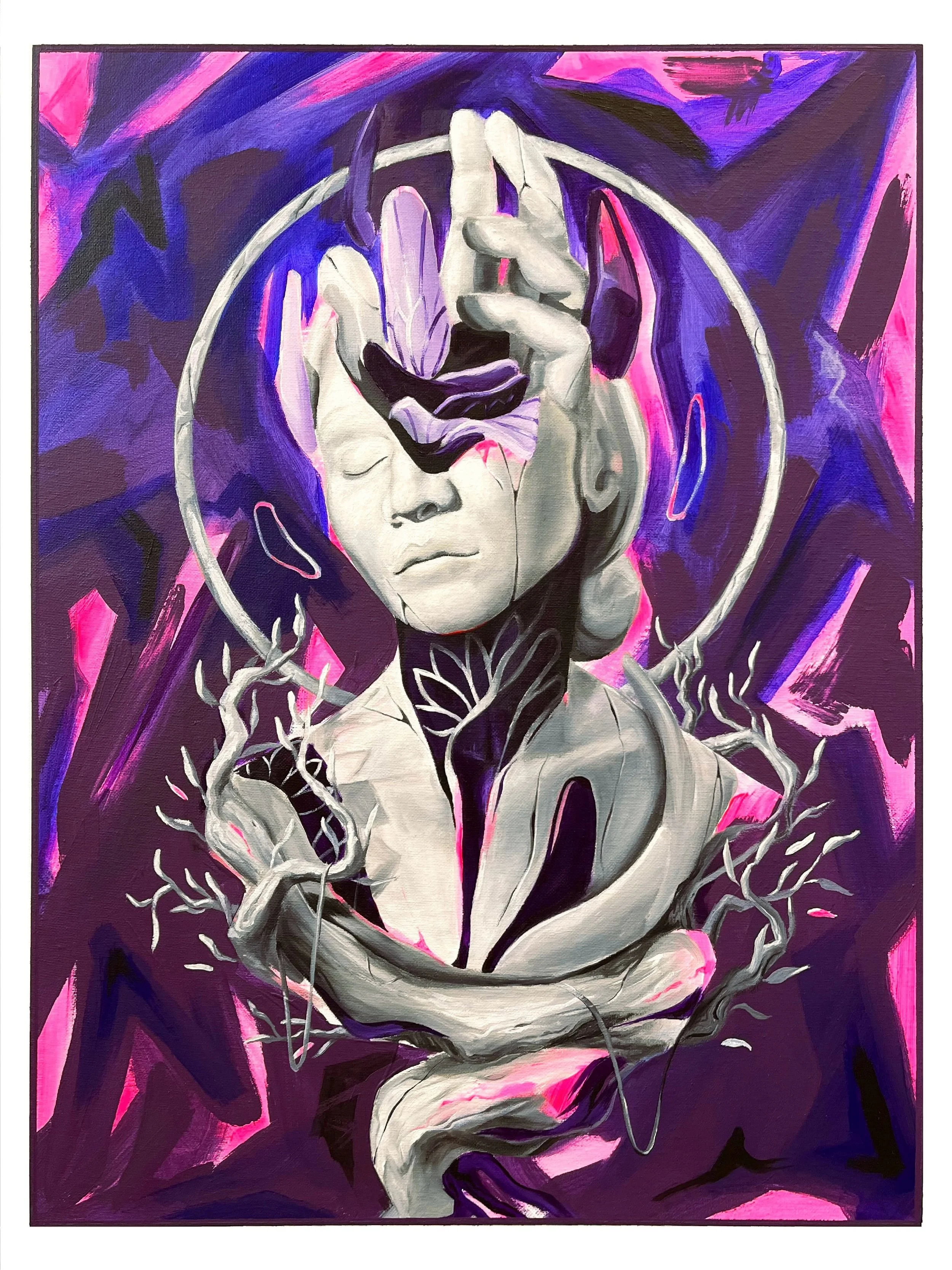 Une peinture artistique d'une femme avec une expression calme, des mains en position symbolique, entourée de branches et de formes abstraites en tons de violet, noir et rose.