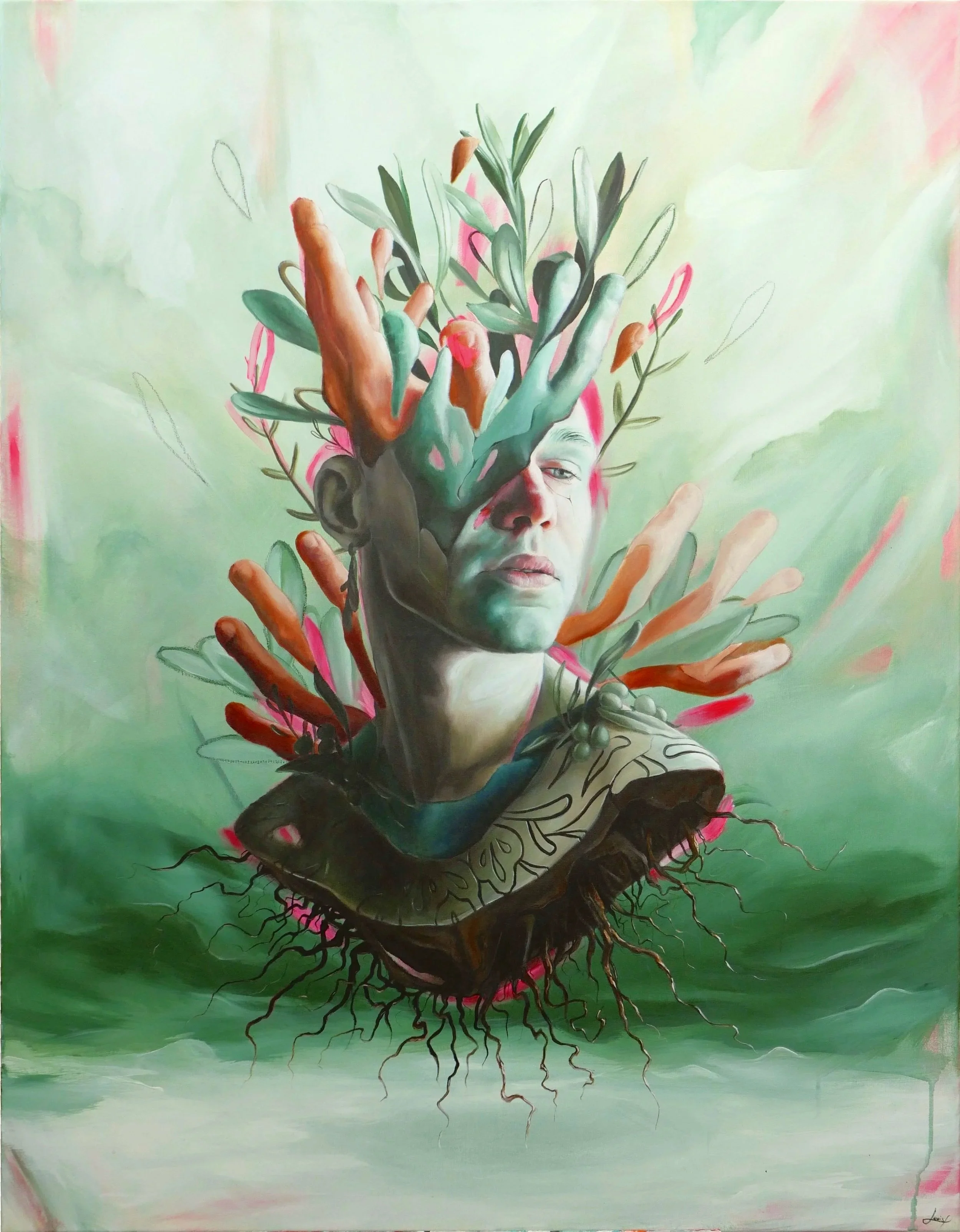 Une peinture représentant un visage humain avec des éléments végétaux comme des branches, des feuilles et des fleurs émergeant de sa tête, en fond de couleurs pastel vertes et roses.