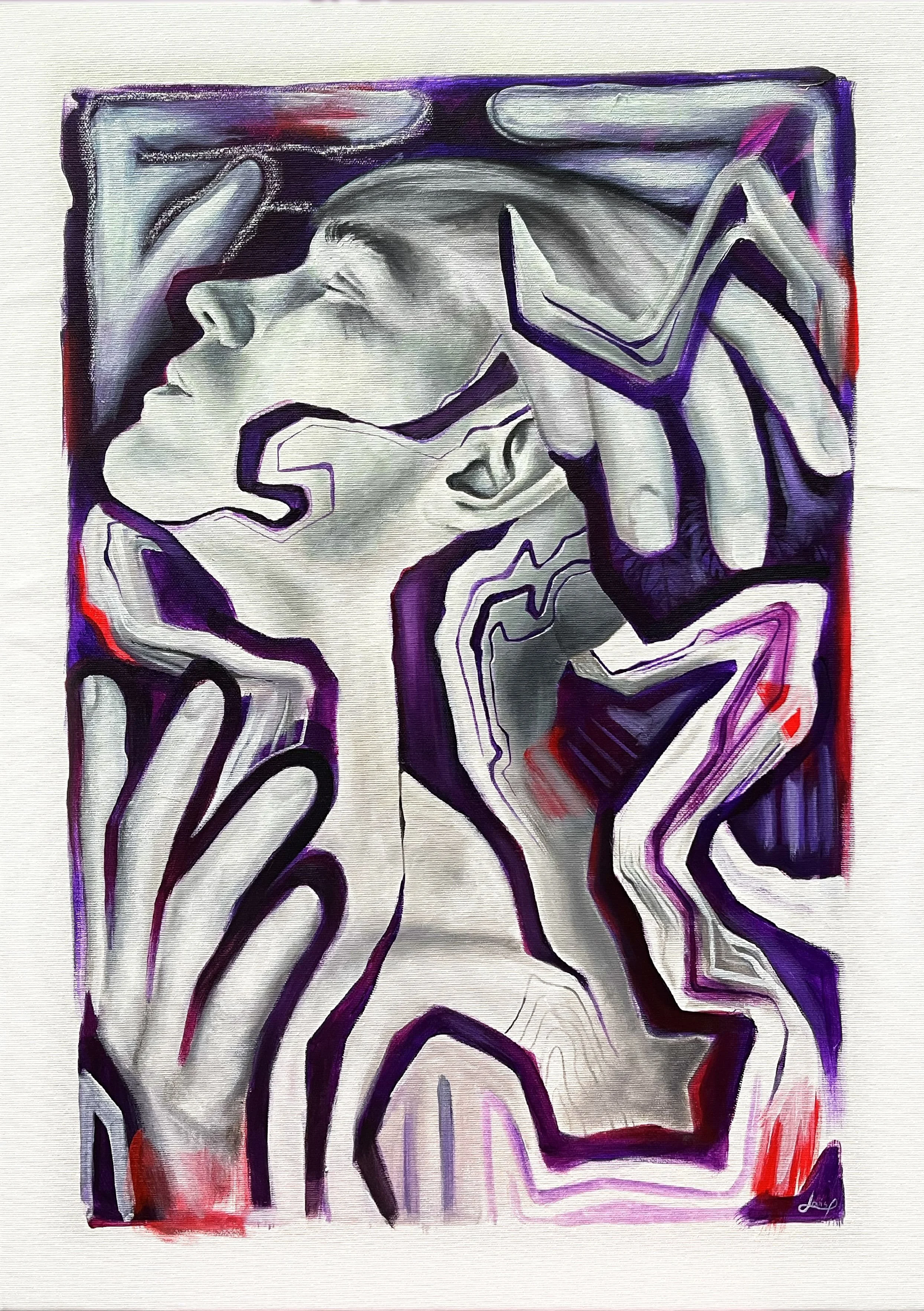 Une œuvre d'art abstraite représentant un profil humain vu de côté, entouré de lignes courbes et de couleurs violettes, gris et rouge.