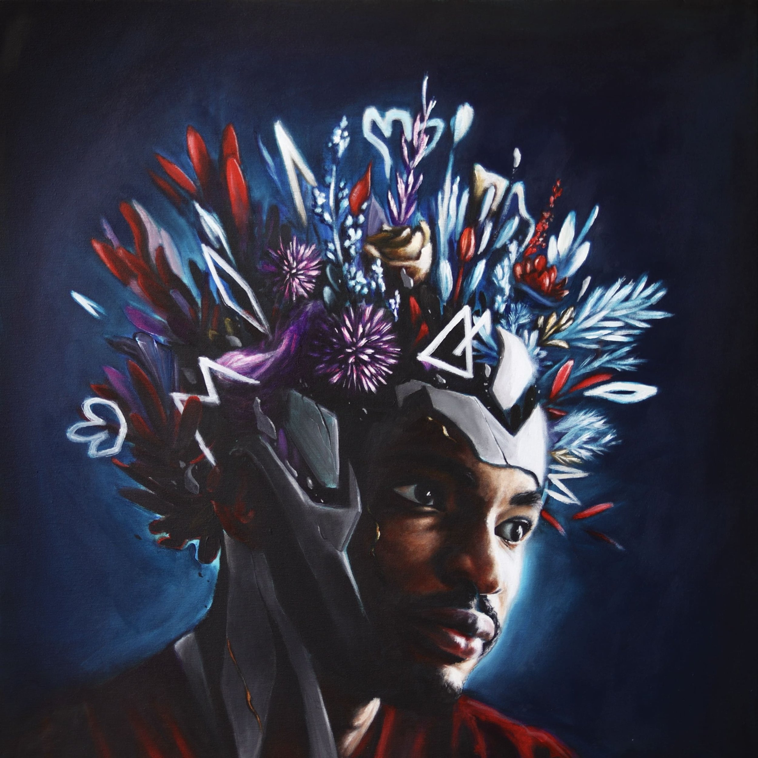 Peinture représentant un homme avec une tête couverte de fleurs colorées et de formes géométriques, fond sombre.