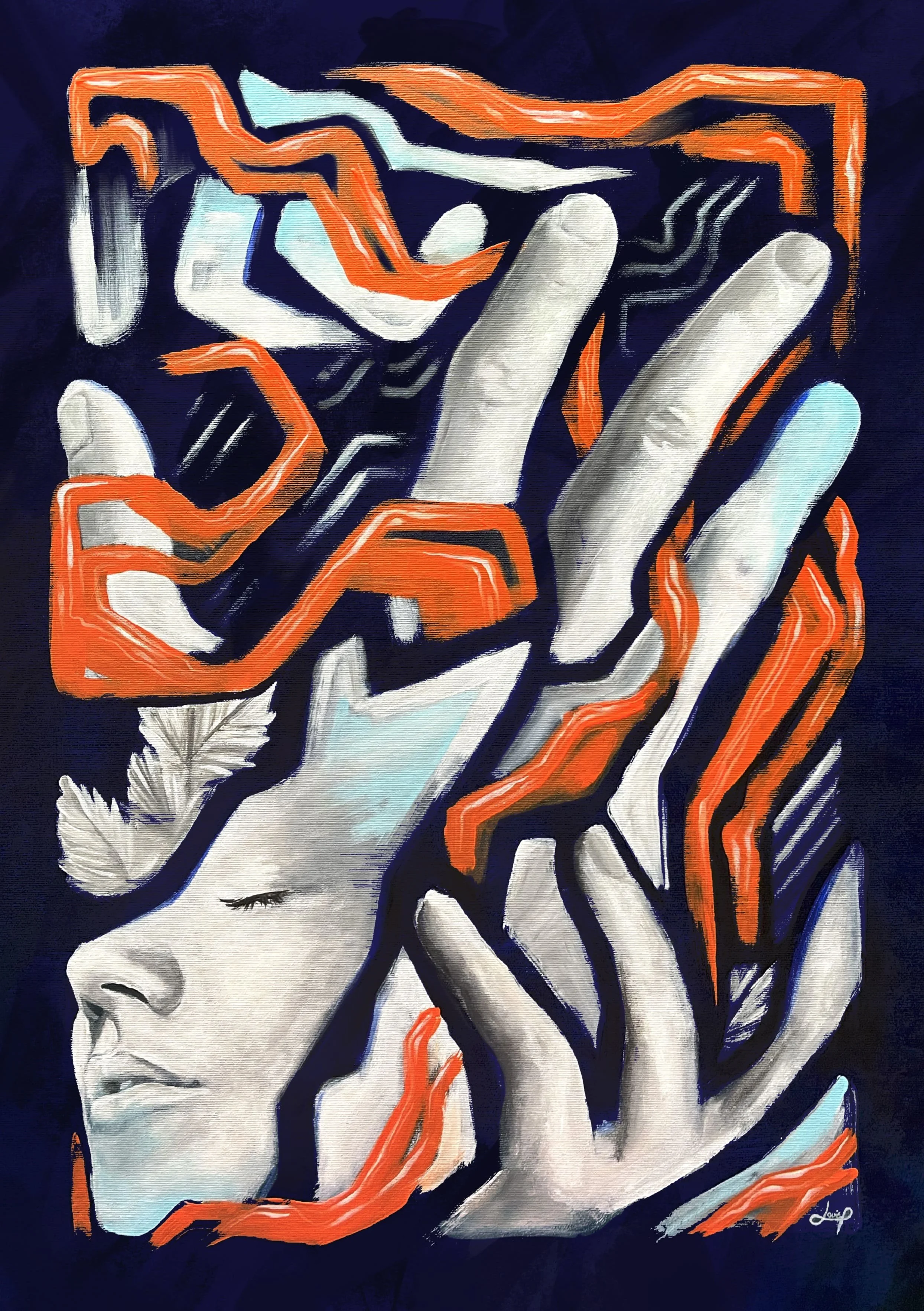 Une peinture abstraite représentant un visage d'une femme avec des mains autour, utilisant principalement des couleurs neutres, avec des accents orange et de lignes stylisées.