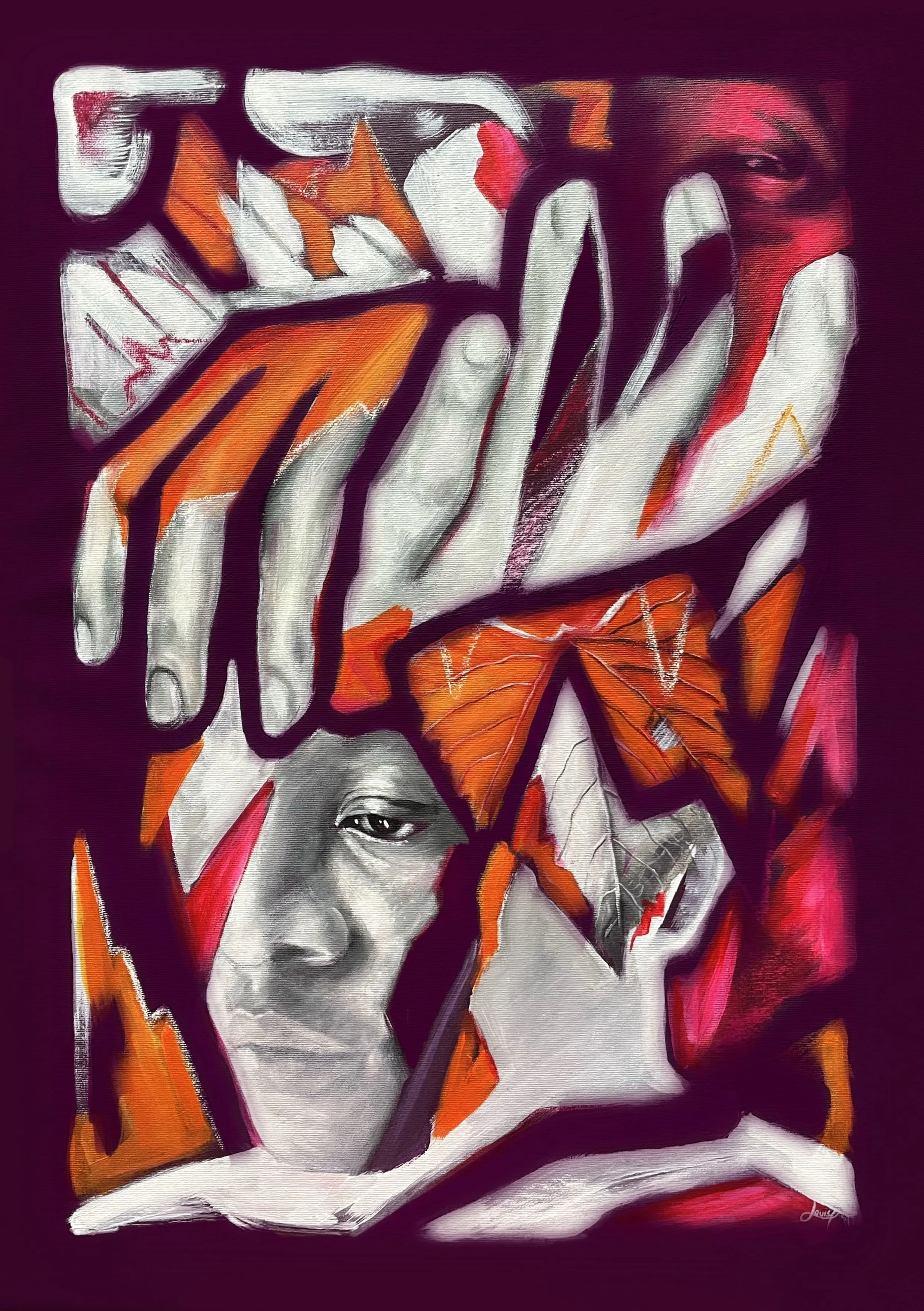 Une peinture abstraite représentant un visage humain, des mains, et des feuilles aux couleurs orange, blanc, rouge et noir.