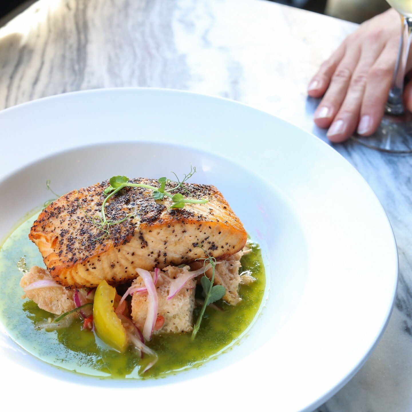 Arguably the best part of Restaurant Week here at Aposto; Salmon Panzanella. Pan seared salmon, bread &amp; tomato salad, basil vinaigrette. ⁠
⁠
Our Restaurant Week menu will be running until the 27th. Three courses, two options each, for $50. 🍷