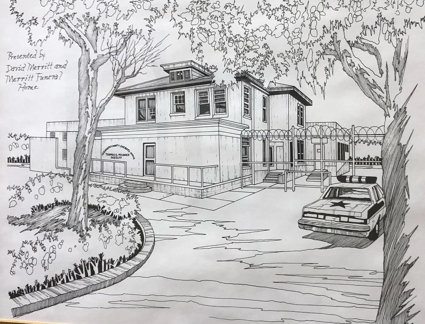 Pen and ink line art of the Hernando County Sheriff's Office completed in 1985 by Lewis Watkins