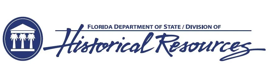 Logo of the Florida Department of State Division of Historical Resources featuring a circular emblem with three palm trees and a building silhouette.