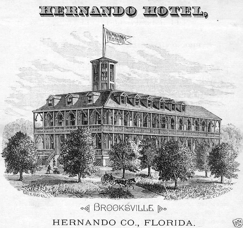 The original wooden Hernando Hotel was built in 1858 by Major John Parsons. It was located on North Main Street. After a fire destroyed that building, a "new" Hernando Hotel was constructed on the exact same site in 1885 to accommodate the arriving r